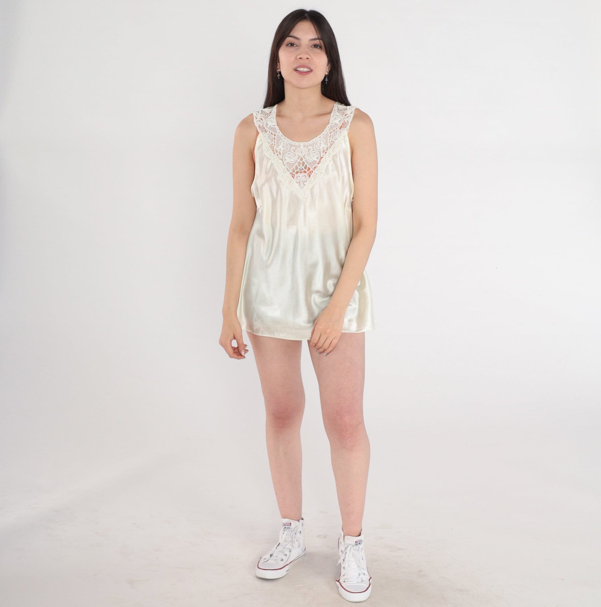 90s White Satin Camisole Tank Top with Crochet Lace Trim Large L
