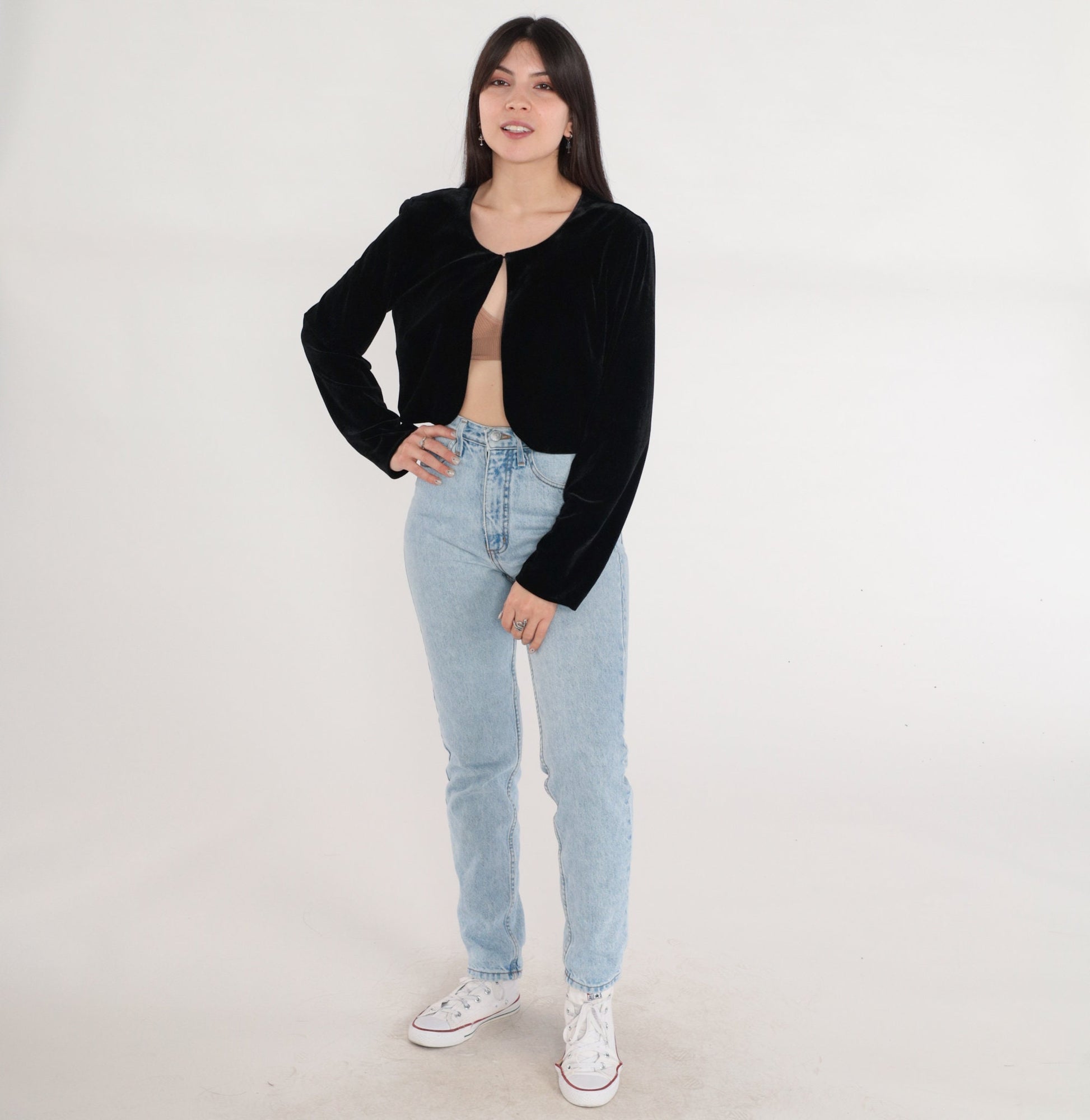 80s Black Velvet Blazer Open Front Single Hook Tailored Small