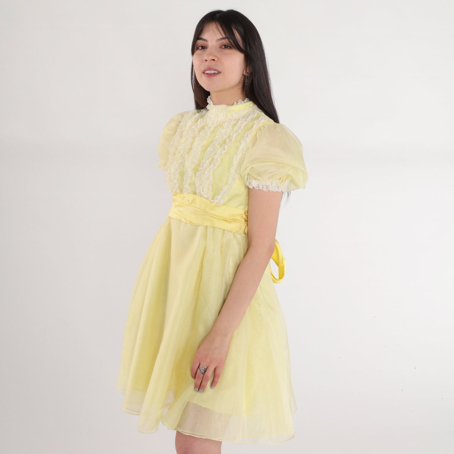 60s Yellow Mini Dress Empire Waist Puff Sleeve Lace Trim XXS