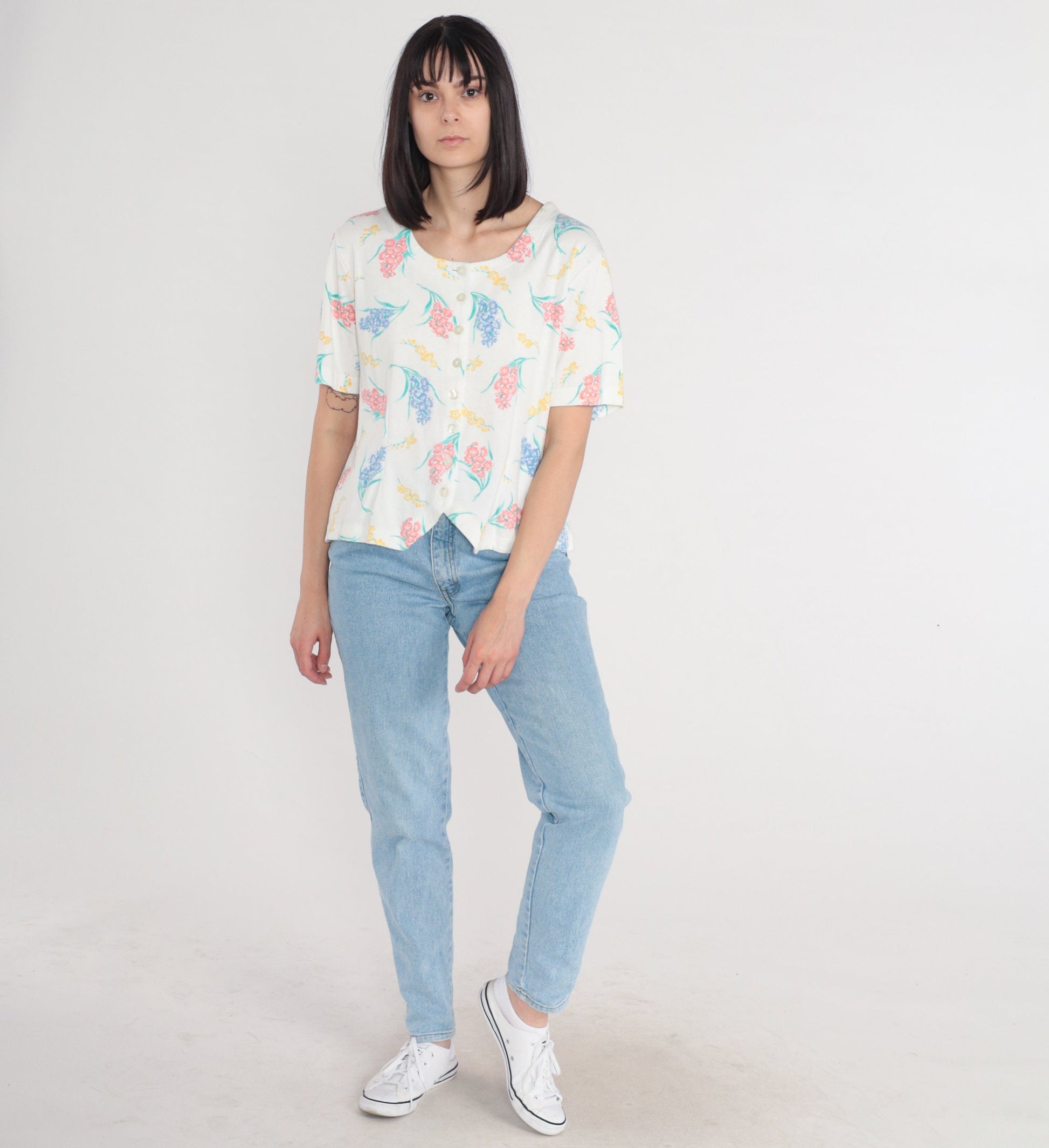 80s Jaclyn Smith Sport White Floral Button-Up Blouse Short Sleeve Large L