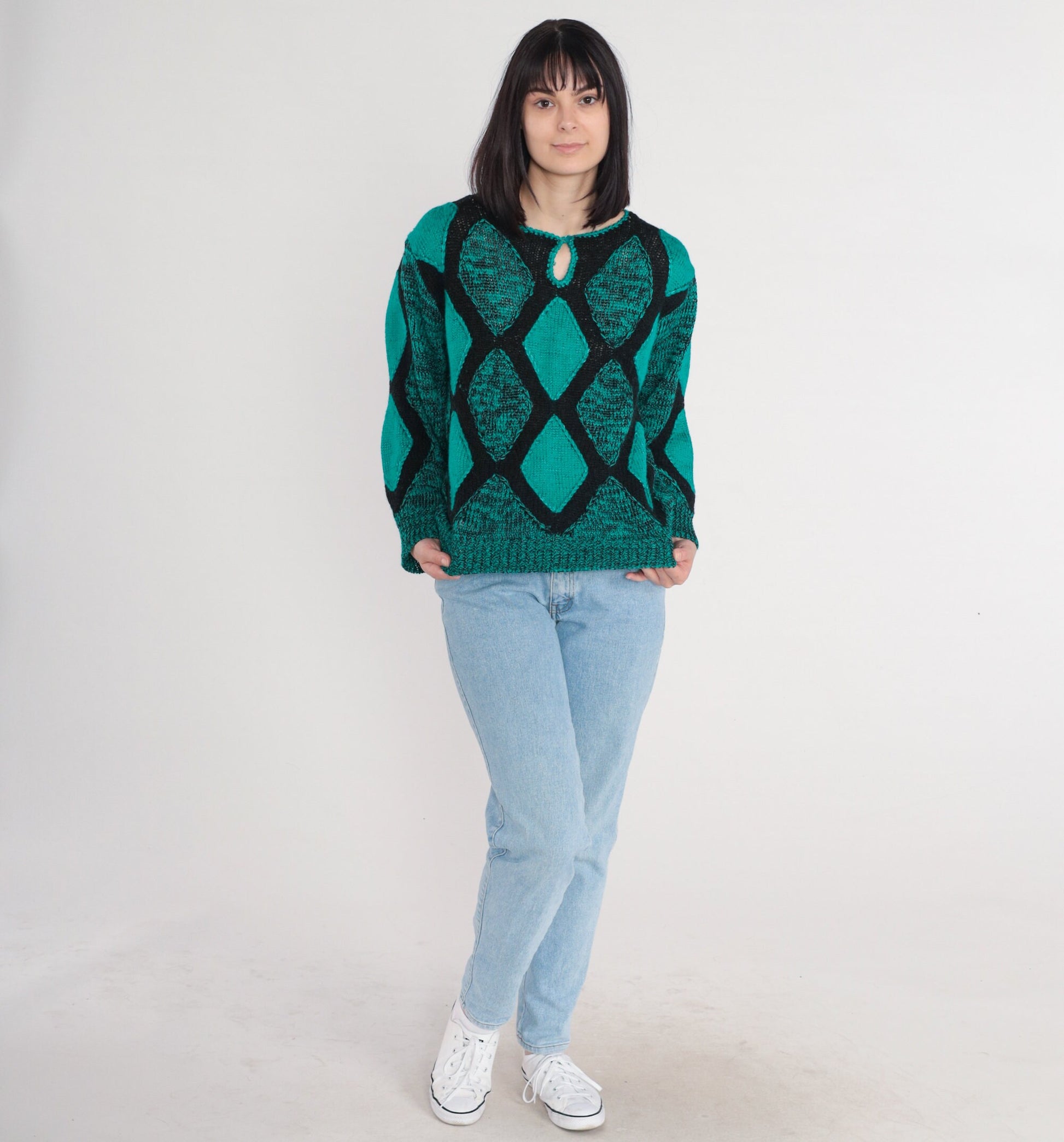 80s Diamond Sweater Black Green Keyhole Cutout Wool Blend Pullover Large