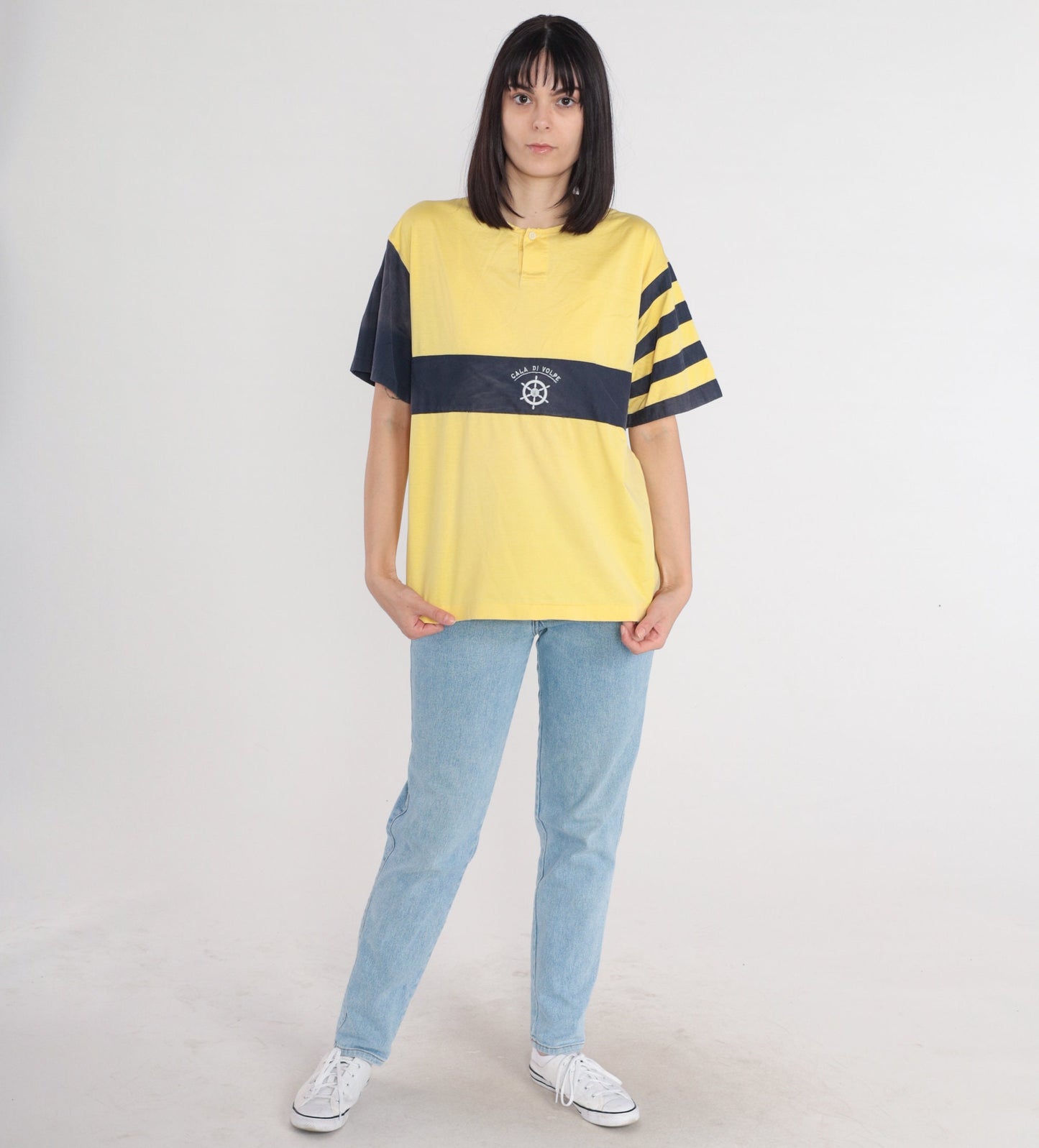 80s Cala Di Volpe Striped Henley Tee Yellow Navy Ships Helm Embroidered Large