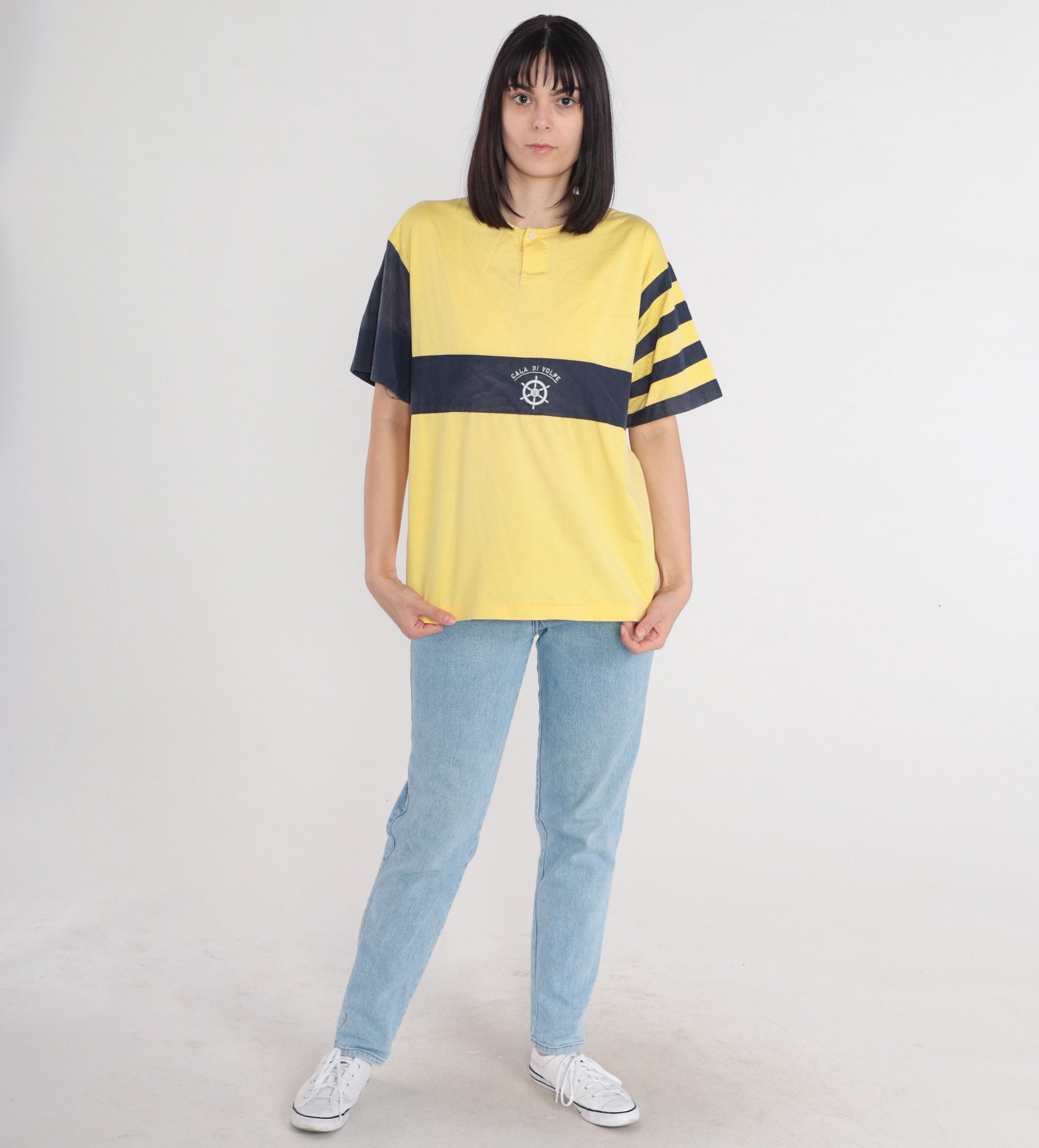 80s Cala Di Volpe Striped Henley Tee Yellow Navy Ships Helm Embroidered Large