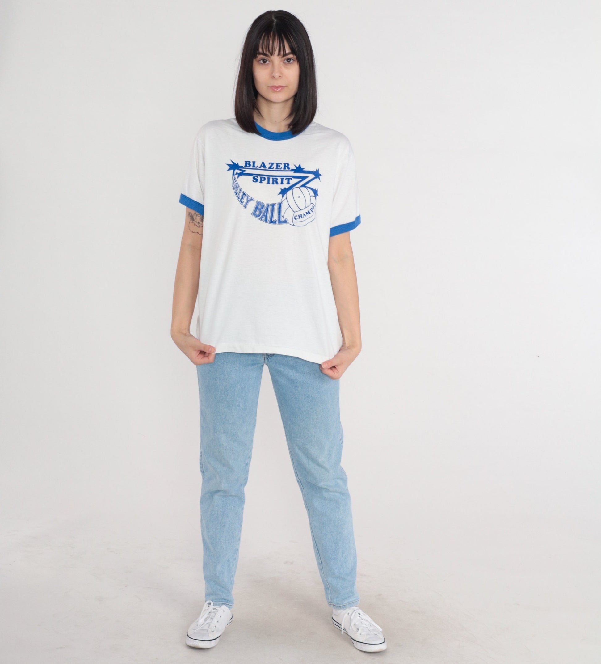 90s Screen Stars UAB Volleyball Ringer Tee White Blue Trim Extra Large XL