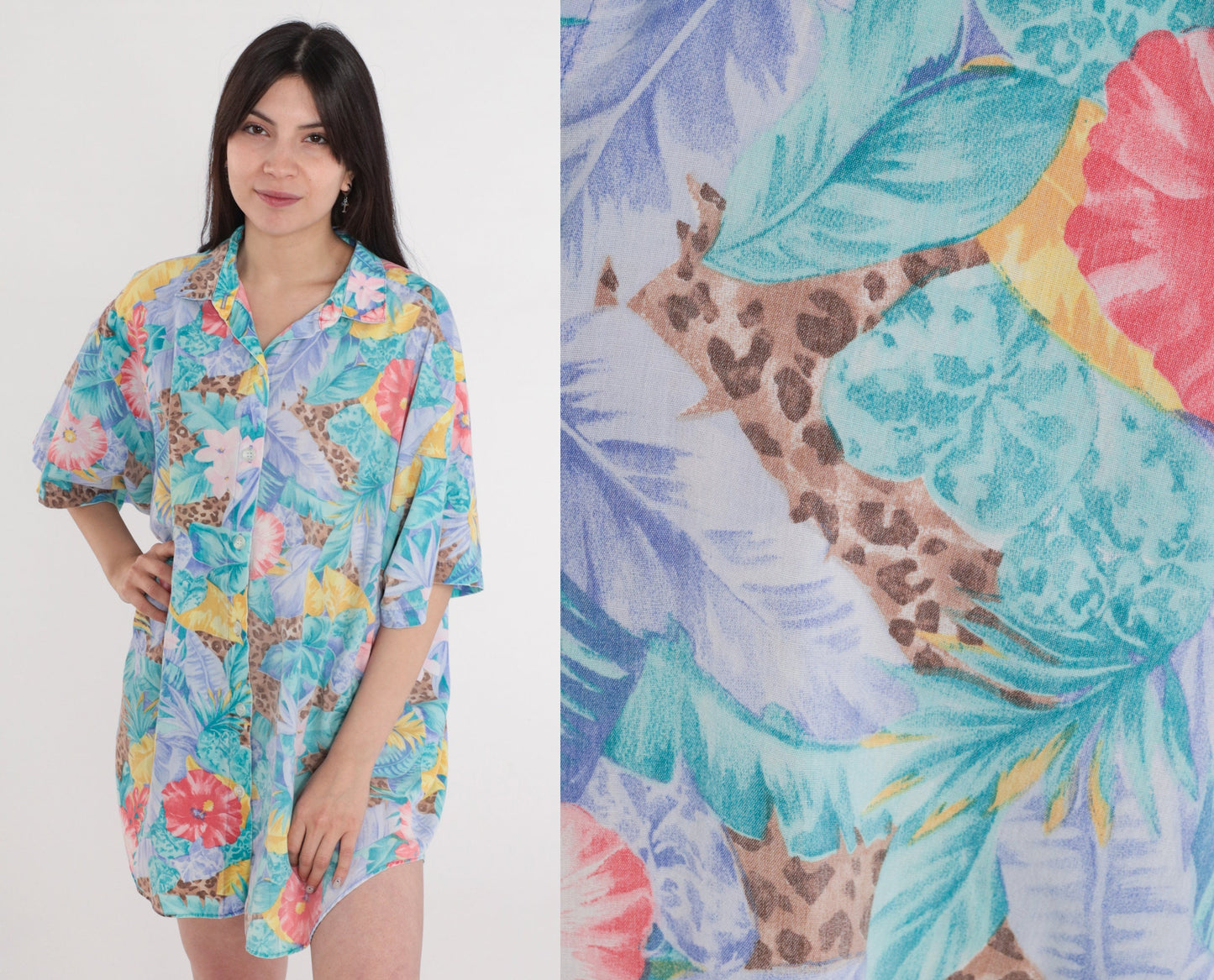 90s Tropical Leopard Floral Button-Up Blouse Turquoise Plus Size XXL