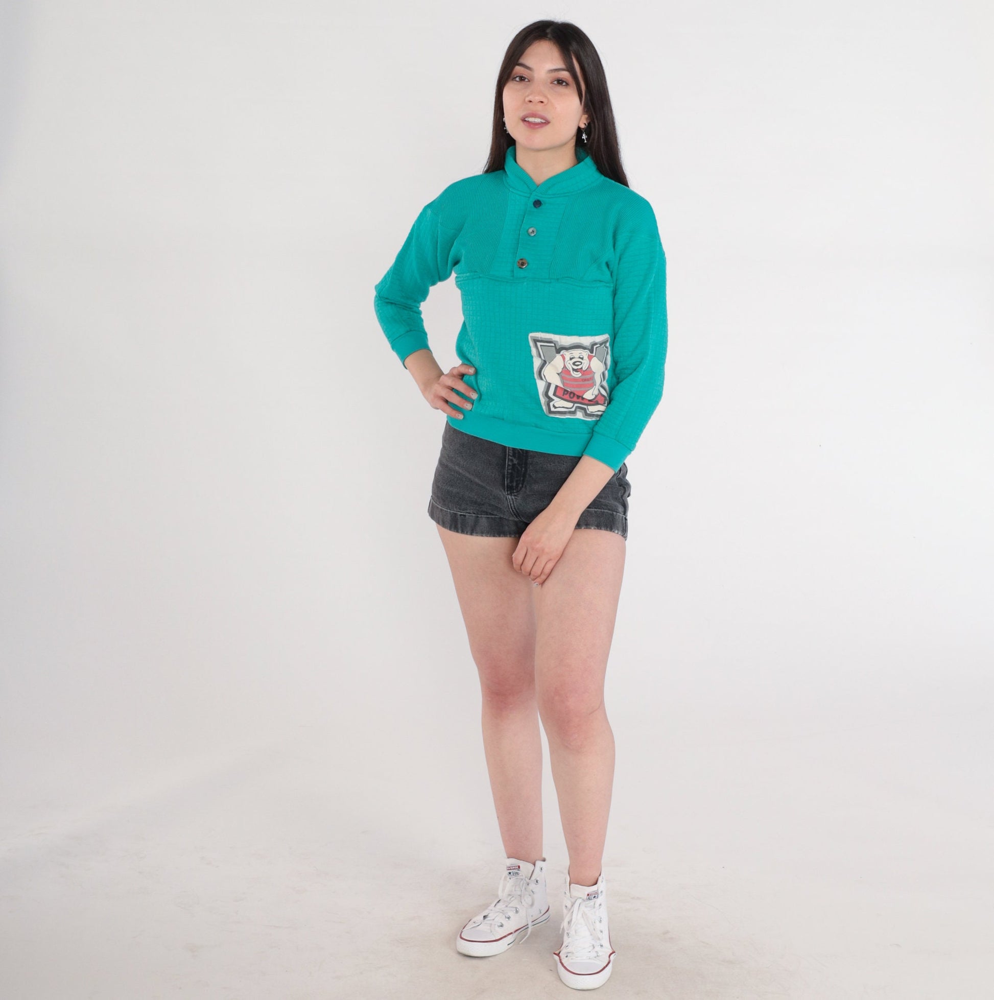 90s Bear Henley Sweatshirt Teal Quilted Quarter Button Pocket Pullover XXS