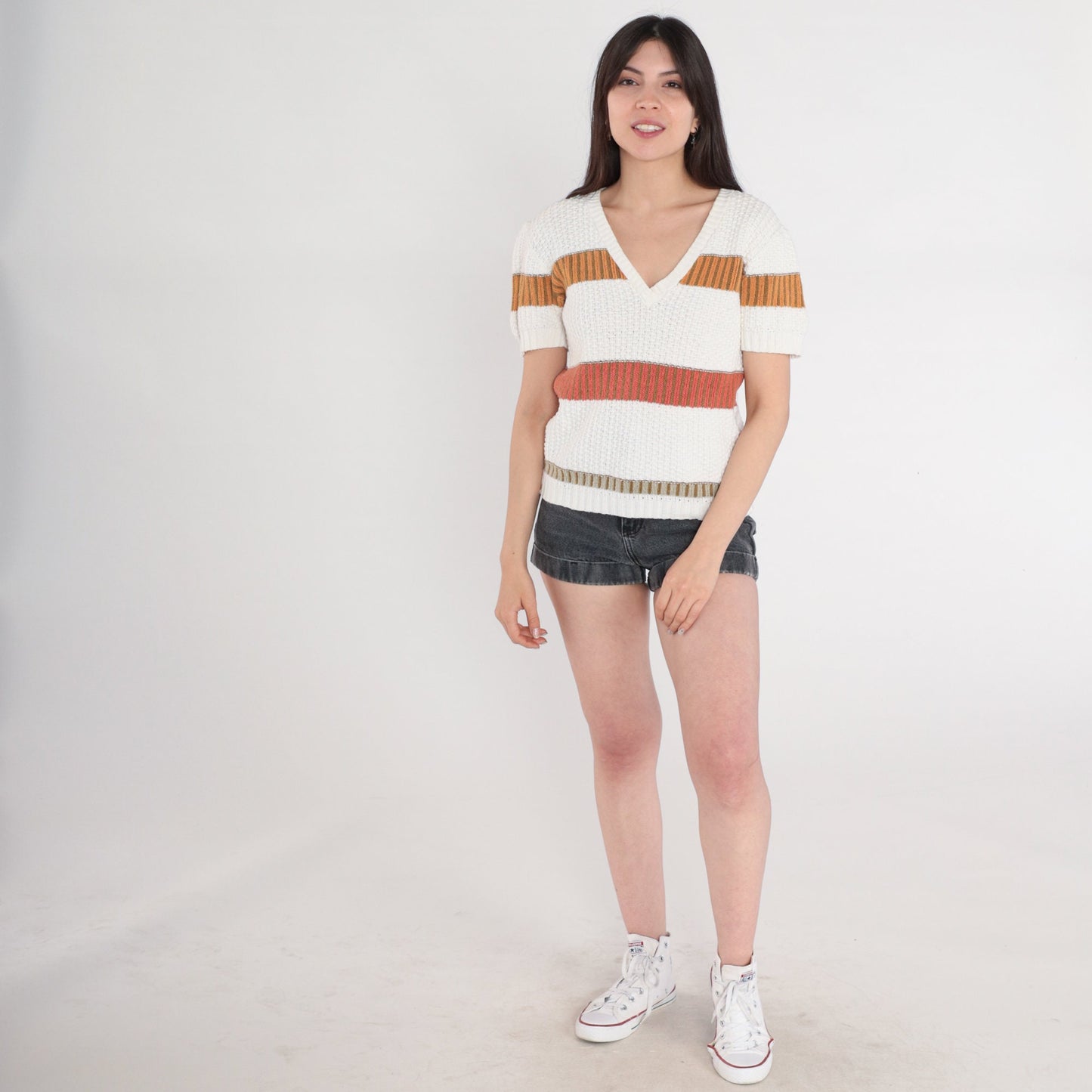 80s Striped V-Neck Knit Sweater Top White Red Orange Olive Small