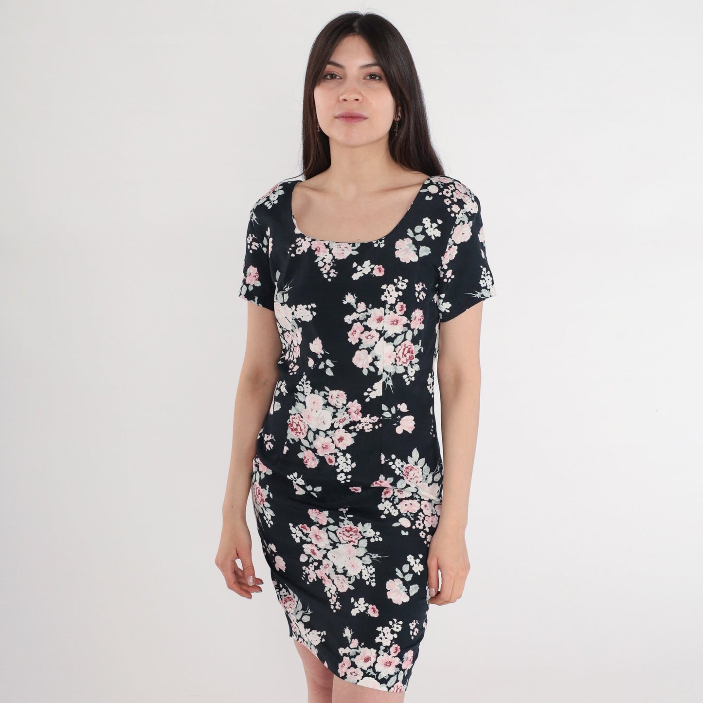 90s All That Jazz Floral Mini Dress Black Bodycon Short Sleeve Small