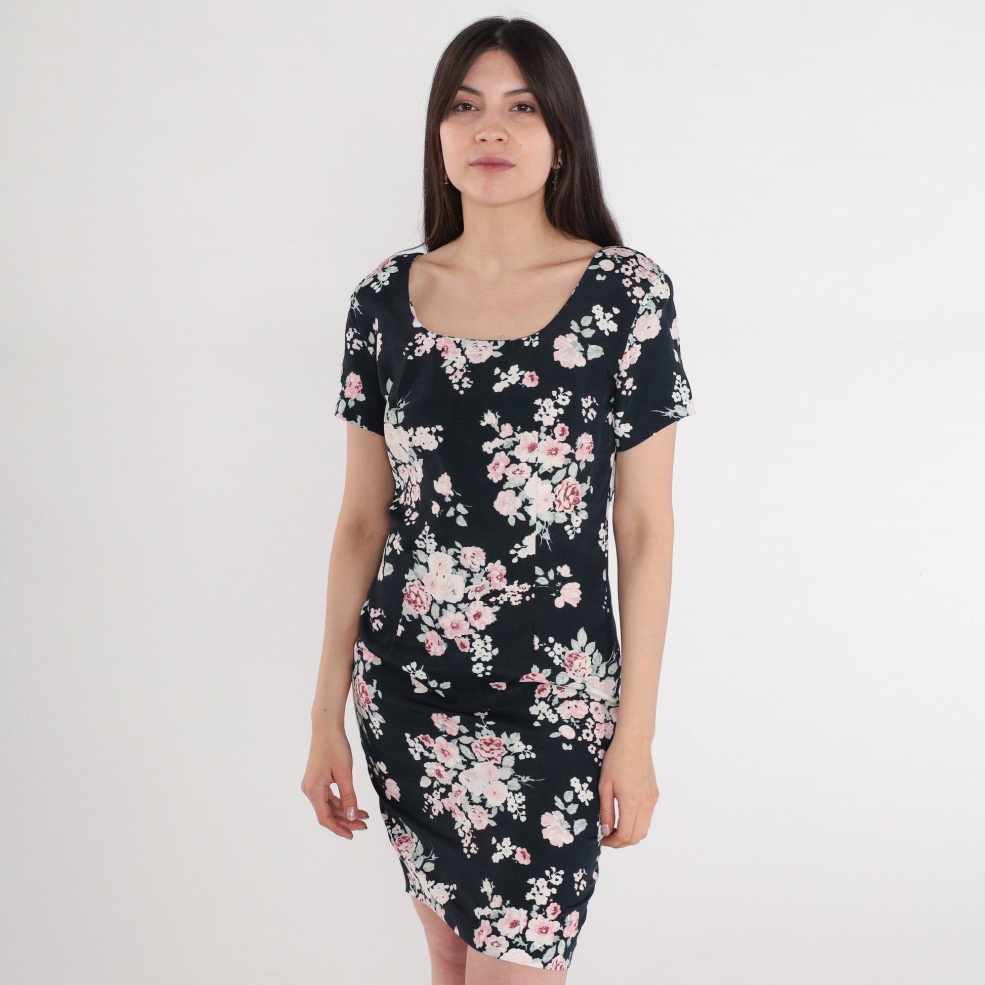 90s All That Jazz Floral Mini Dress Black Bodycon Short Sleeve Small