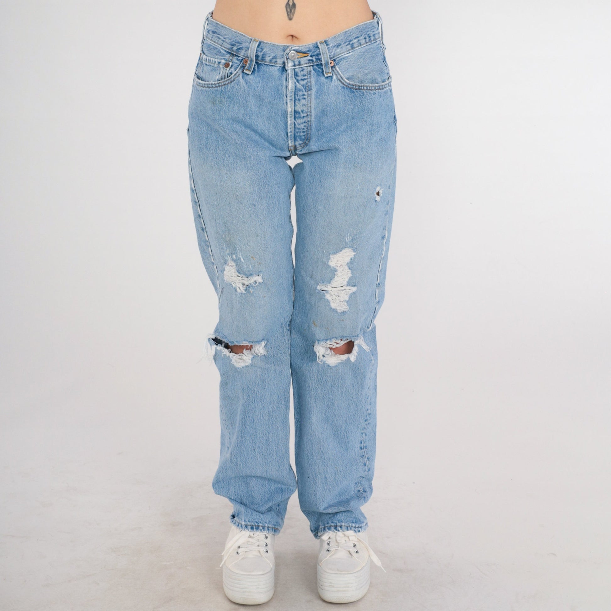 00s Levi's 501 Straight Leg Jeans Blue Denim Ripped Knees 32x34