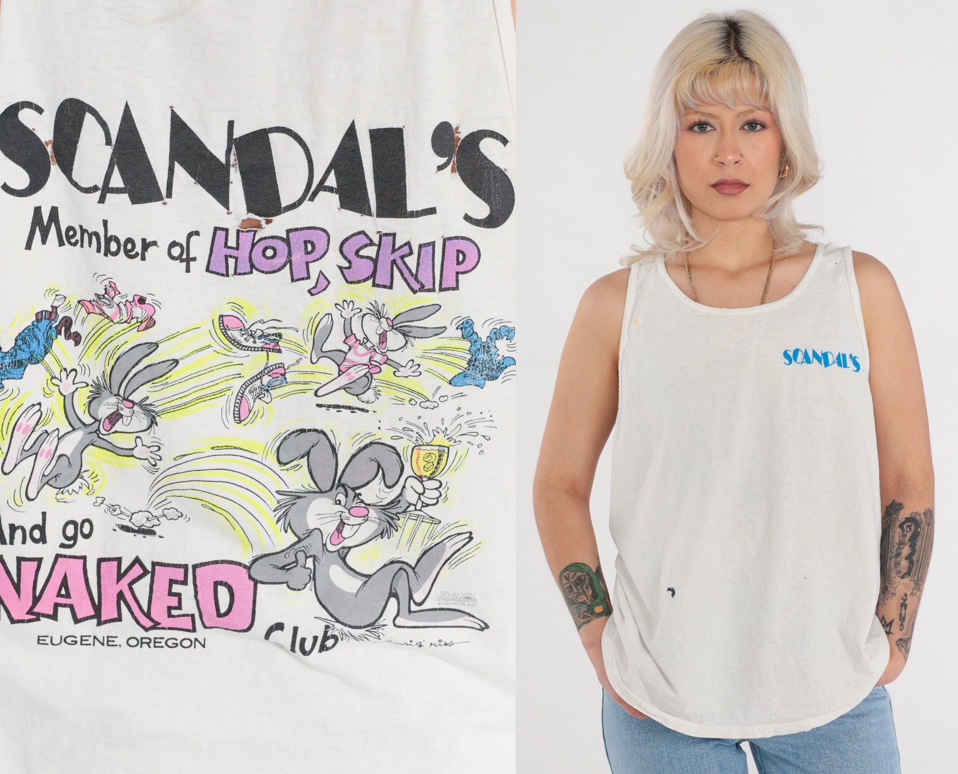 90s Scandal's Bar Eugene Oregon Tank Top Graphic Tee White Large L