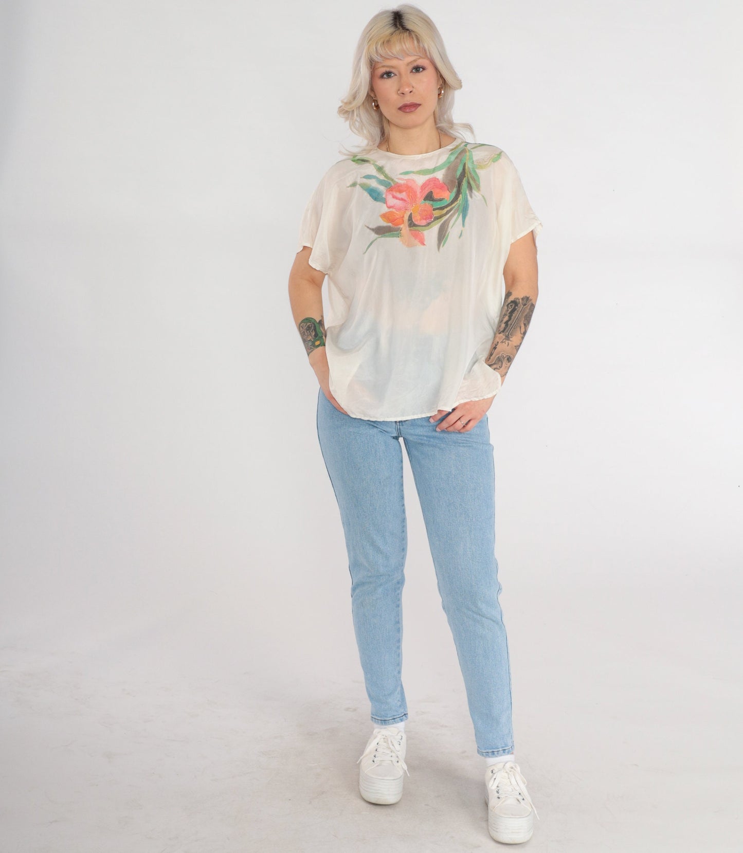 80s Iris Flower Silk Blouse Cream Semi-Sheer Short Sleeve Shirt Large