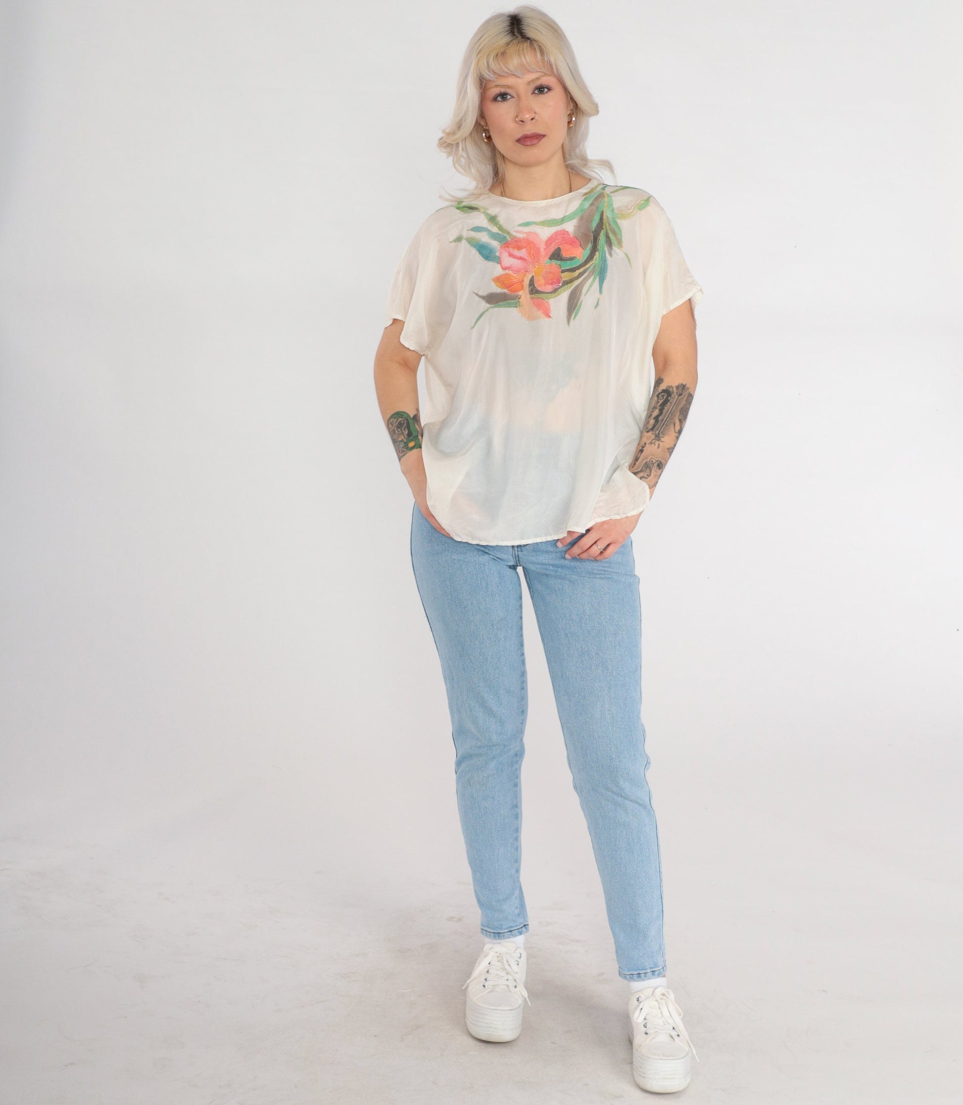 80s Iris Flower Silk Blouse Cream Semi-Sheer Short Sleeve Shirt Large