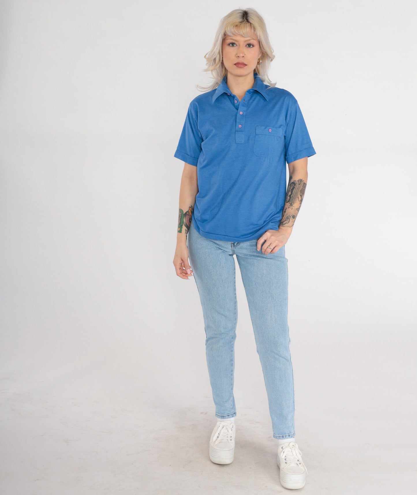 80s Blue Polo Shirt Cotton Button-Up Short Sleeve Collared Medium
