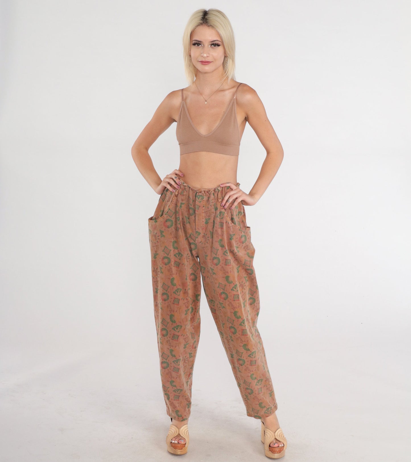 90s Parachute Pants Brown Geometric High Waist Baggy Tapered Small Medium