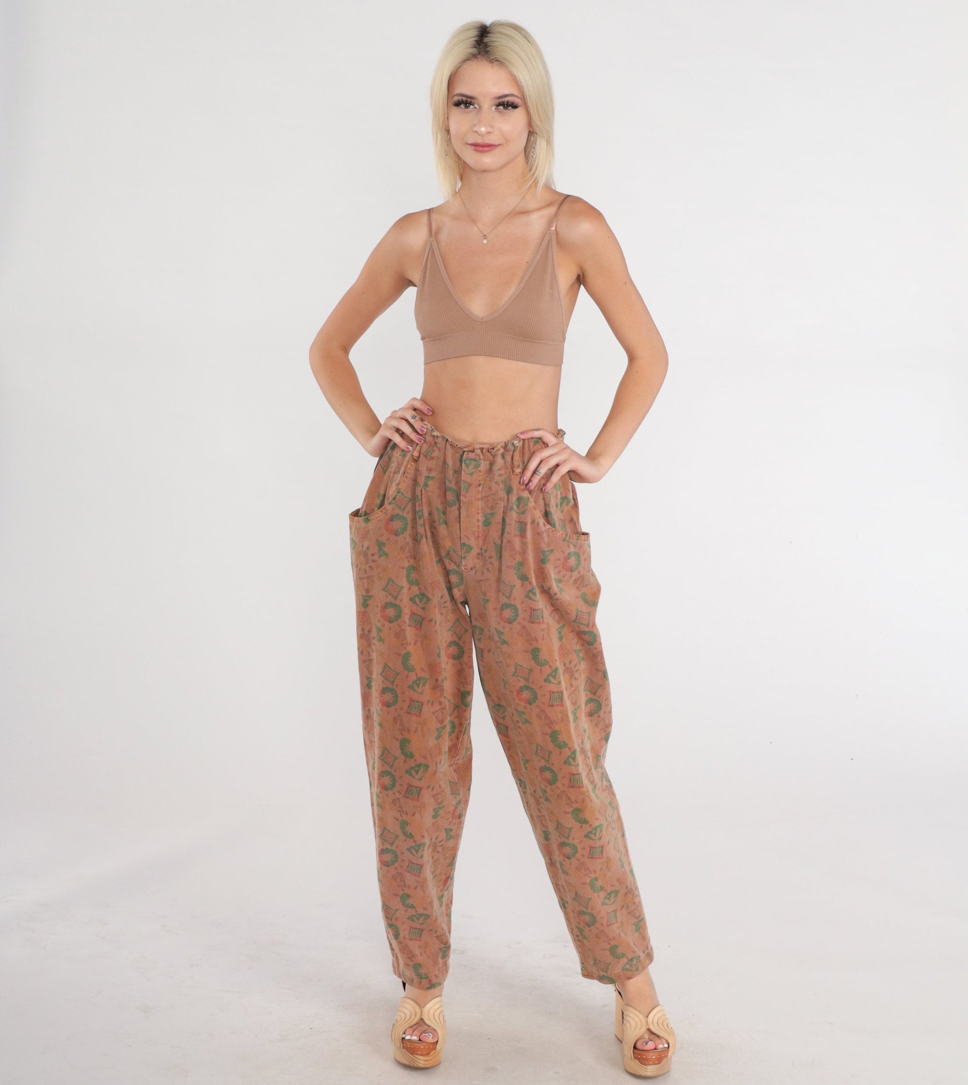 90s Parachute Pants Brown Geometric High Waist Baggy Tapered Small Medium