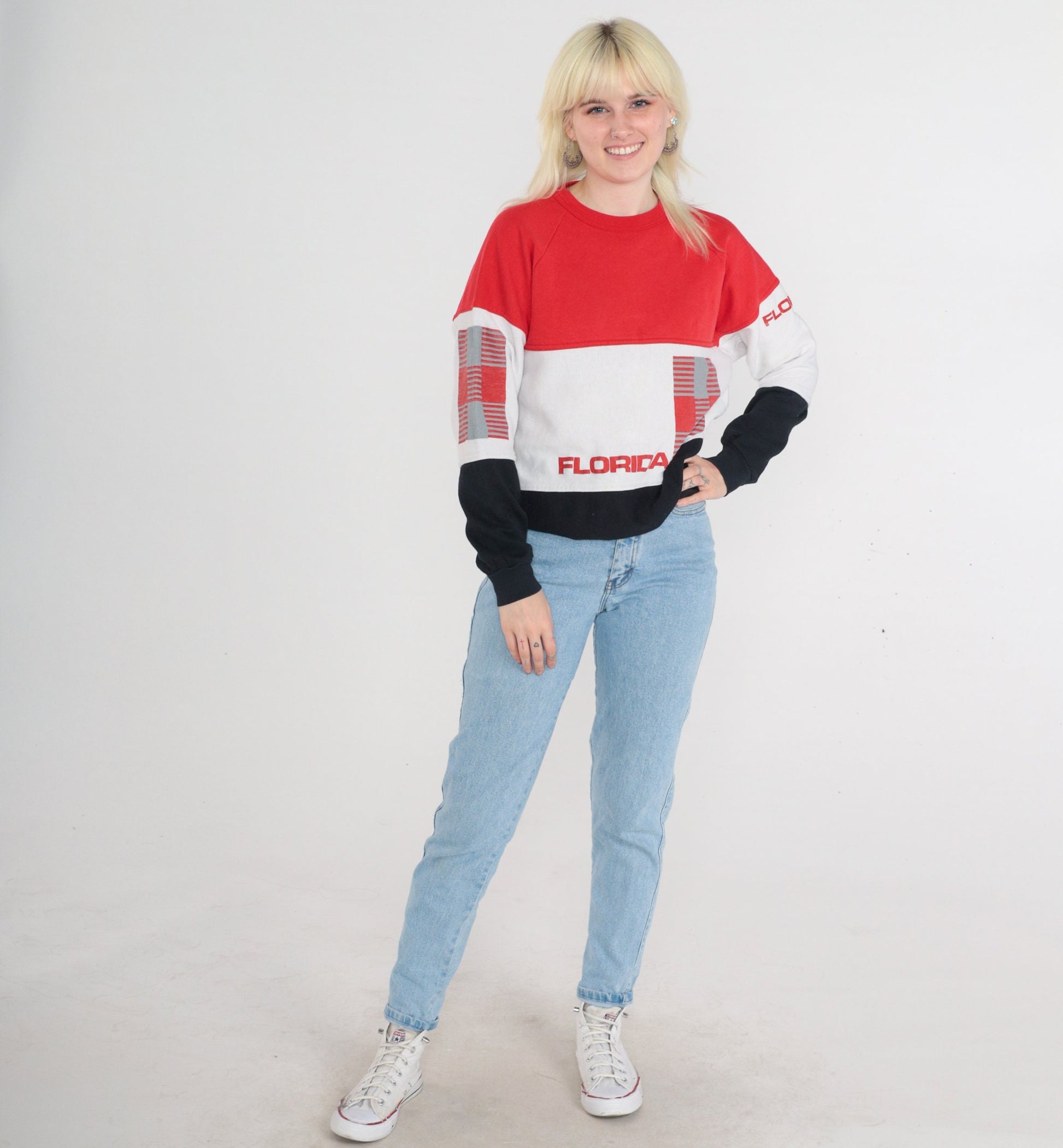80s Florida Sweatshirt Color Block Raglan Crewneck Red White Black Large L