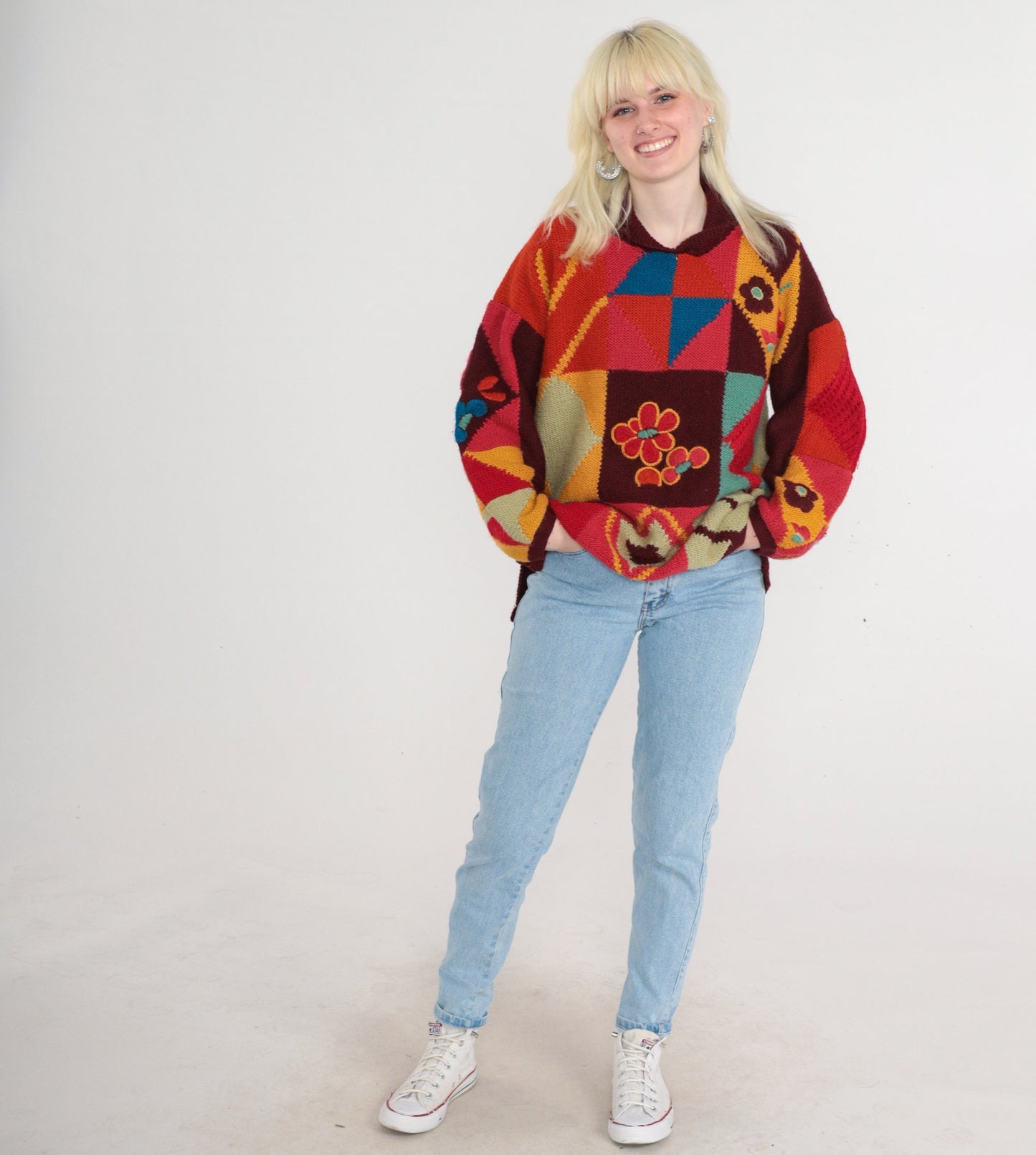 80s Geometric Floral Wool Blend Pullover Sweater Knit Red Green Orange Blue Medium Large