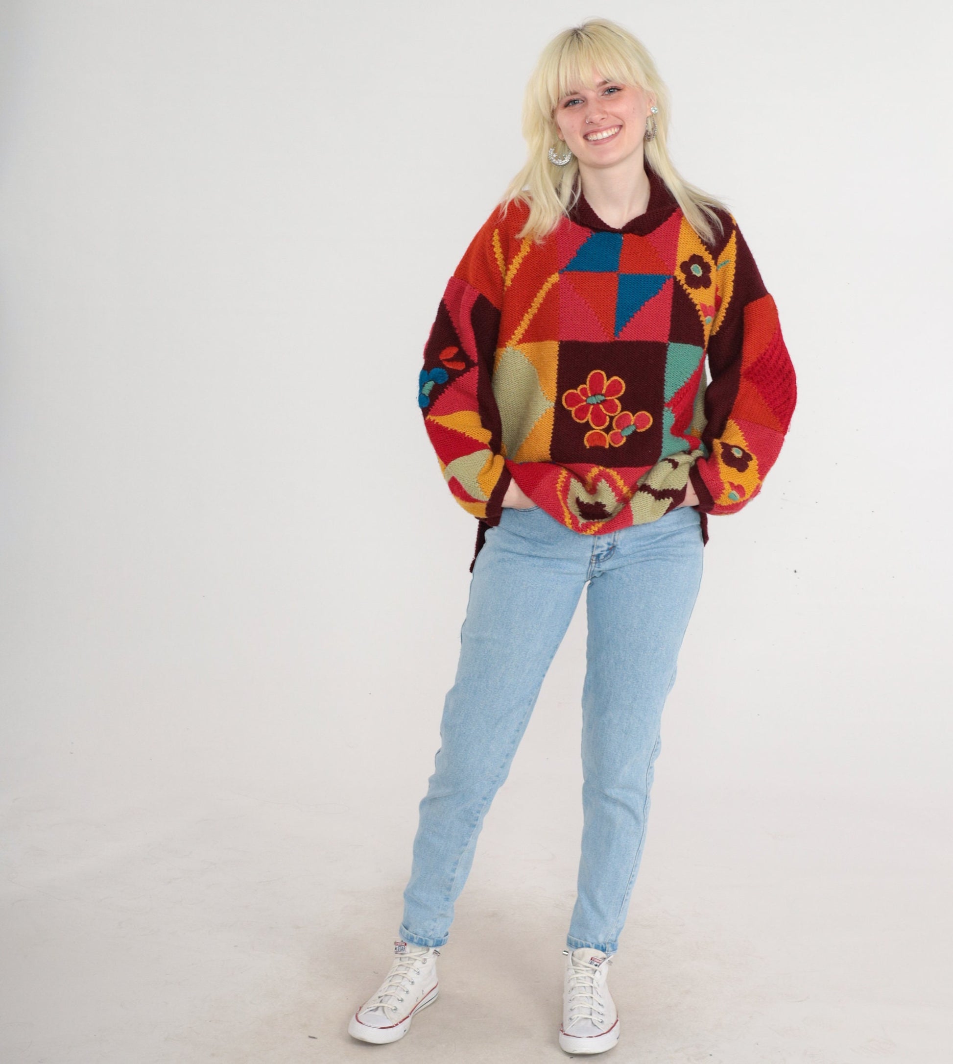 80s Geometric Floral Wool Blend Pullover Sweater Knit Red Green Orange Blue Medium Large