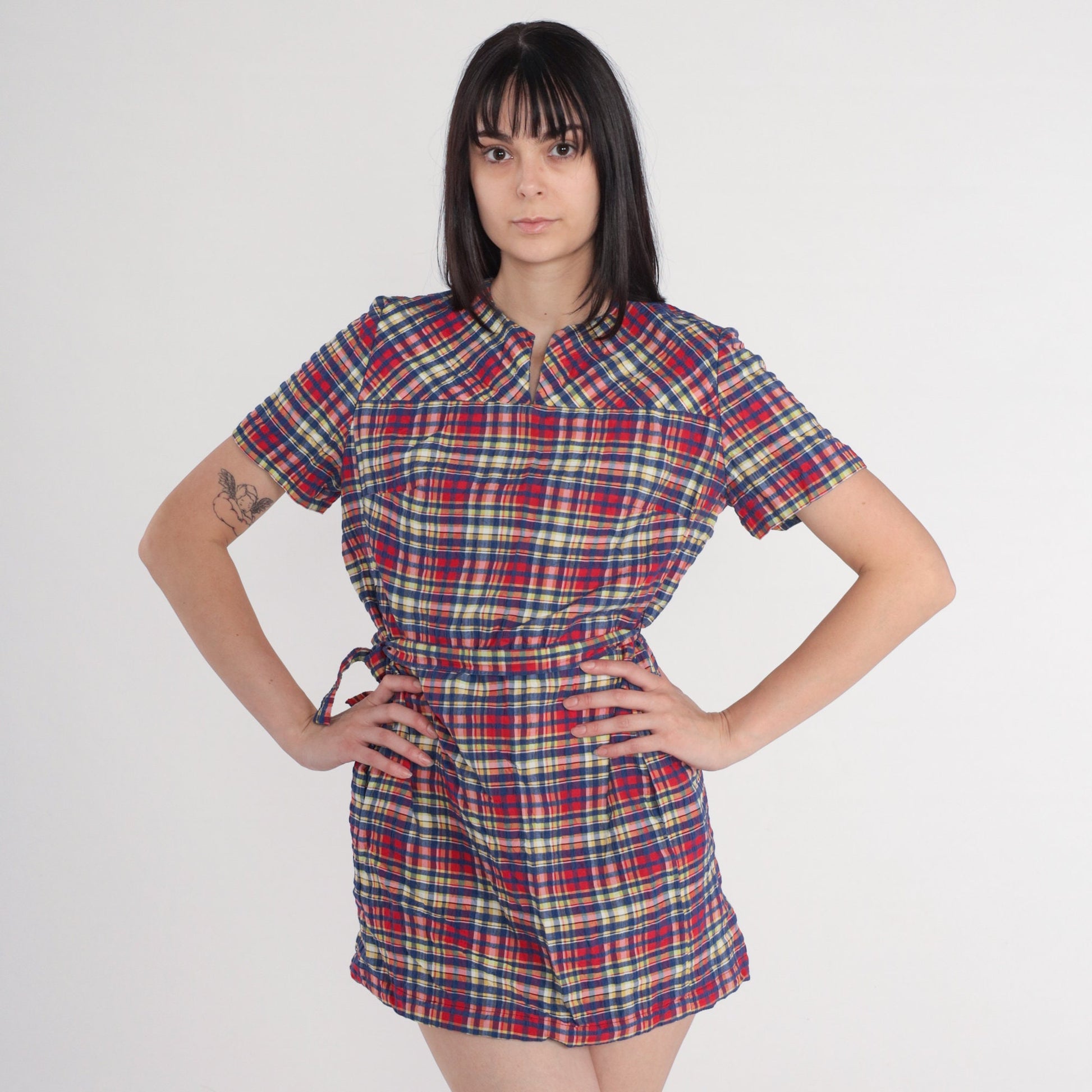 60s Plaid Mini Dress High Waisted Mod Red Blue Checkered Medium M