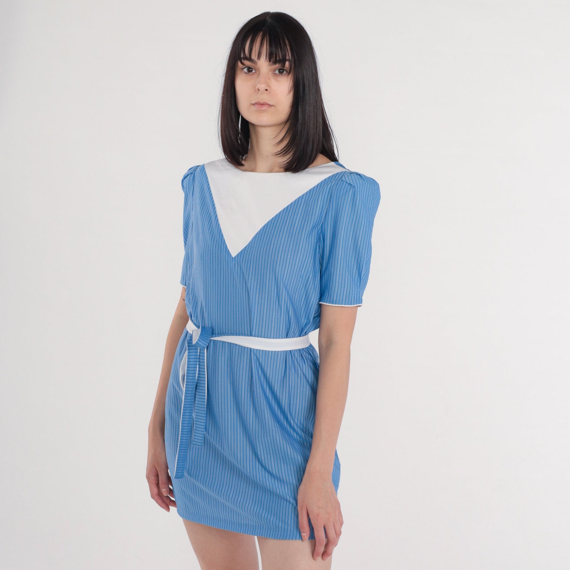 80s Blue Striped Mini Dress Puff Sleeve White Bib Tie Belt Medium