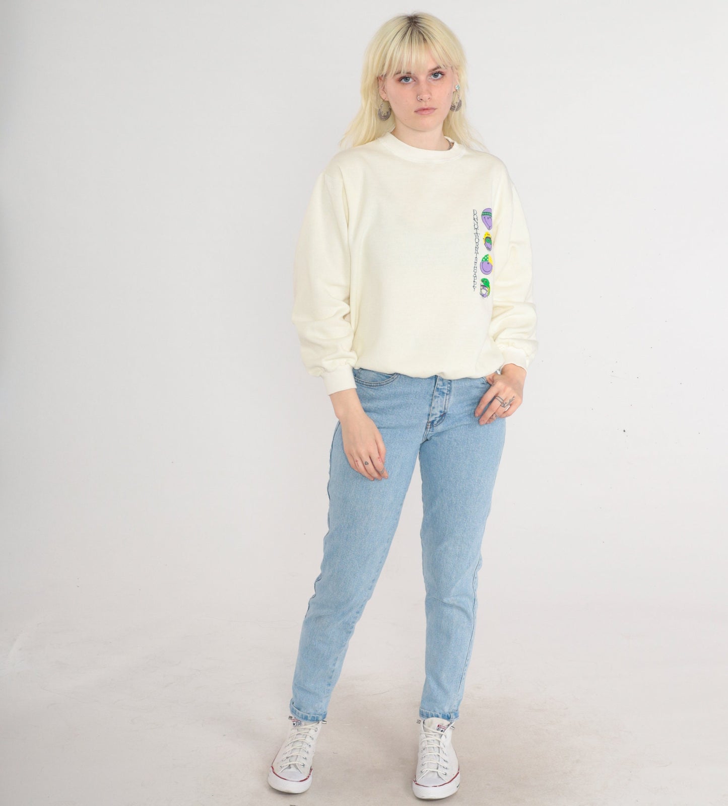 80s Smiley Face Don't Worry Be Happy Sweatshirt Cream Graphic Crewneck Large