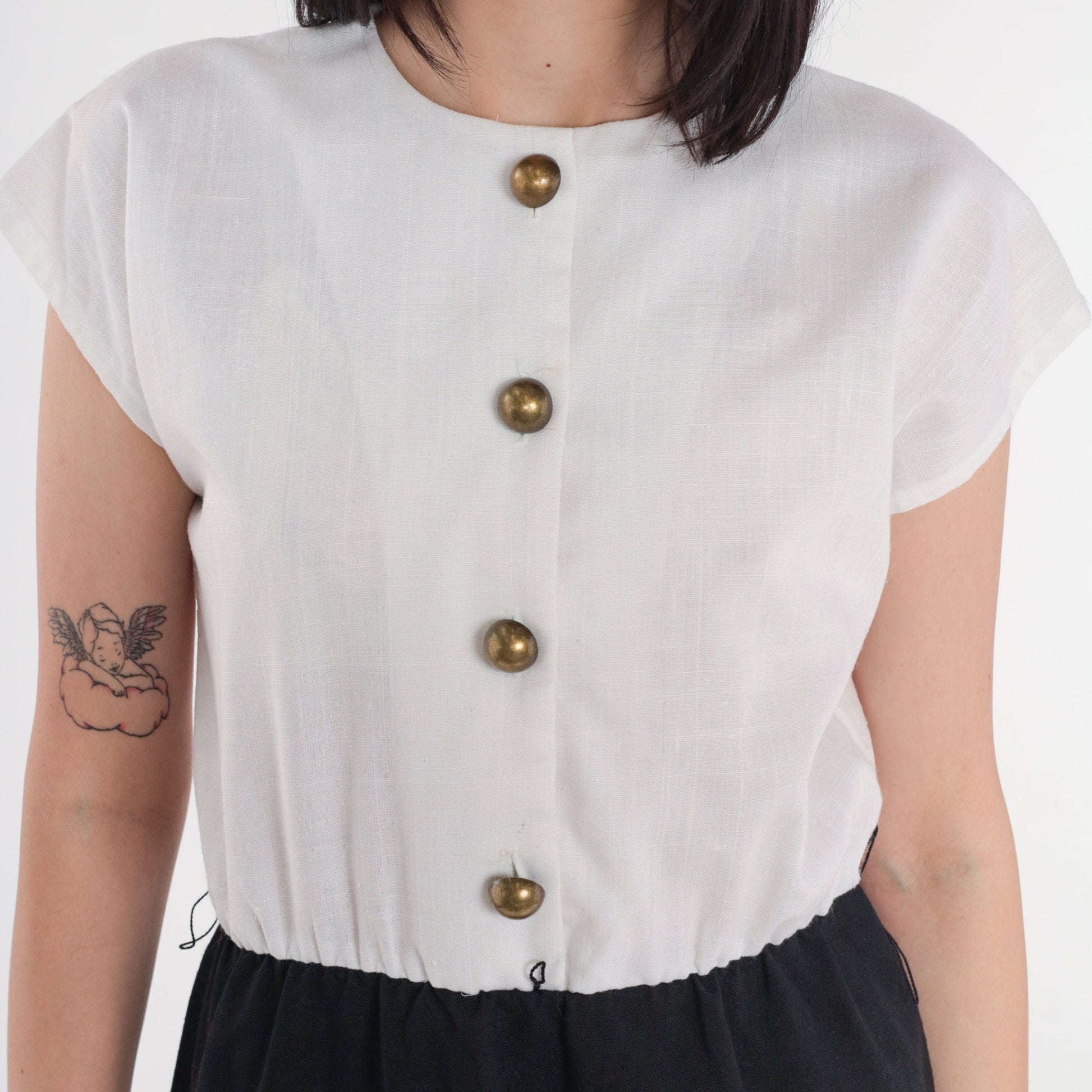 80s Justin Thyme Button-Up Midi Dress Black White Cap Sleeve Medium