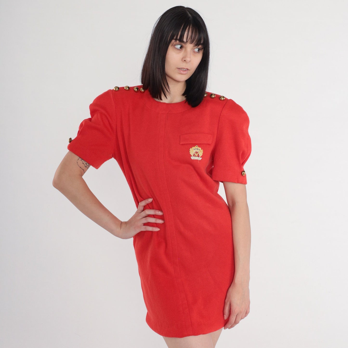 80s Leslie Fay Red Mini Dress Puff Sleeve Gold Buttons Sparkly Crest Patch Large