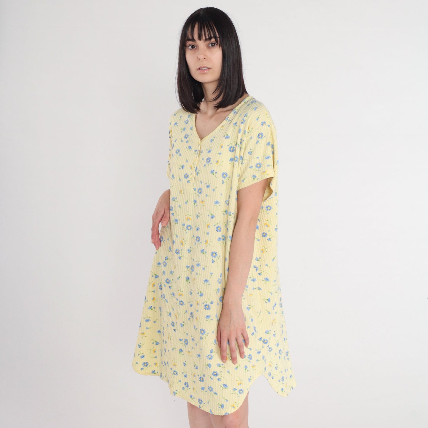 00s Yellow Floral Mini Dress Plus Size XXL Button-Up Short Sleeve