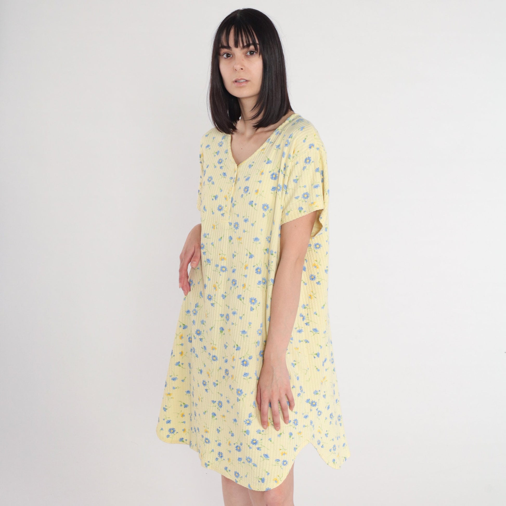 00s Yellow Floral Mini Dress Plus Size XXL Button-Up Short Sleeve