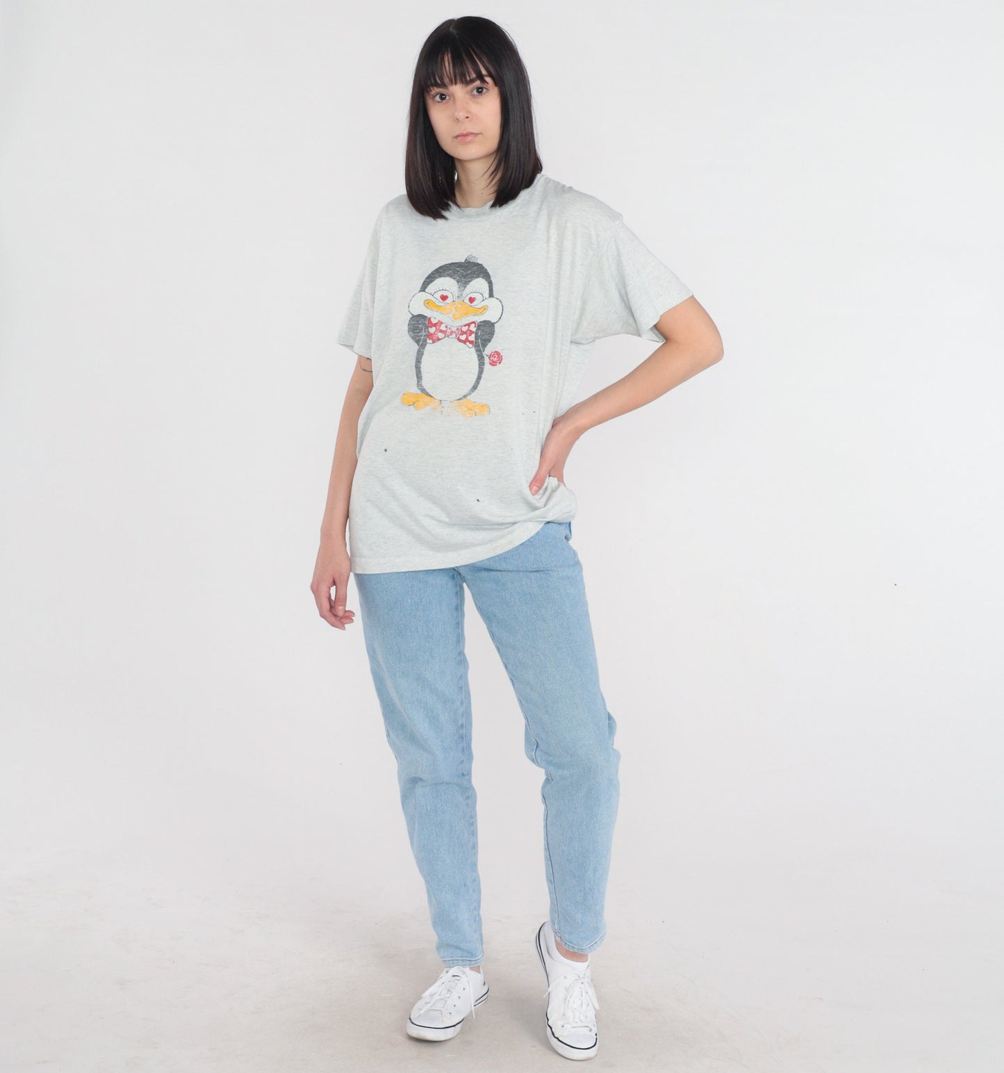 90s Penguin Graphic T-Shirt Heart Rose Cartoon Grey Single Stitch Extra Large XL