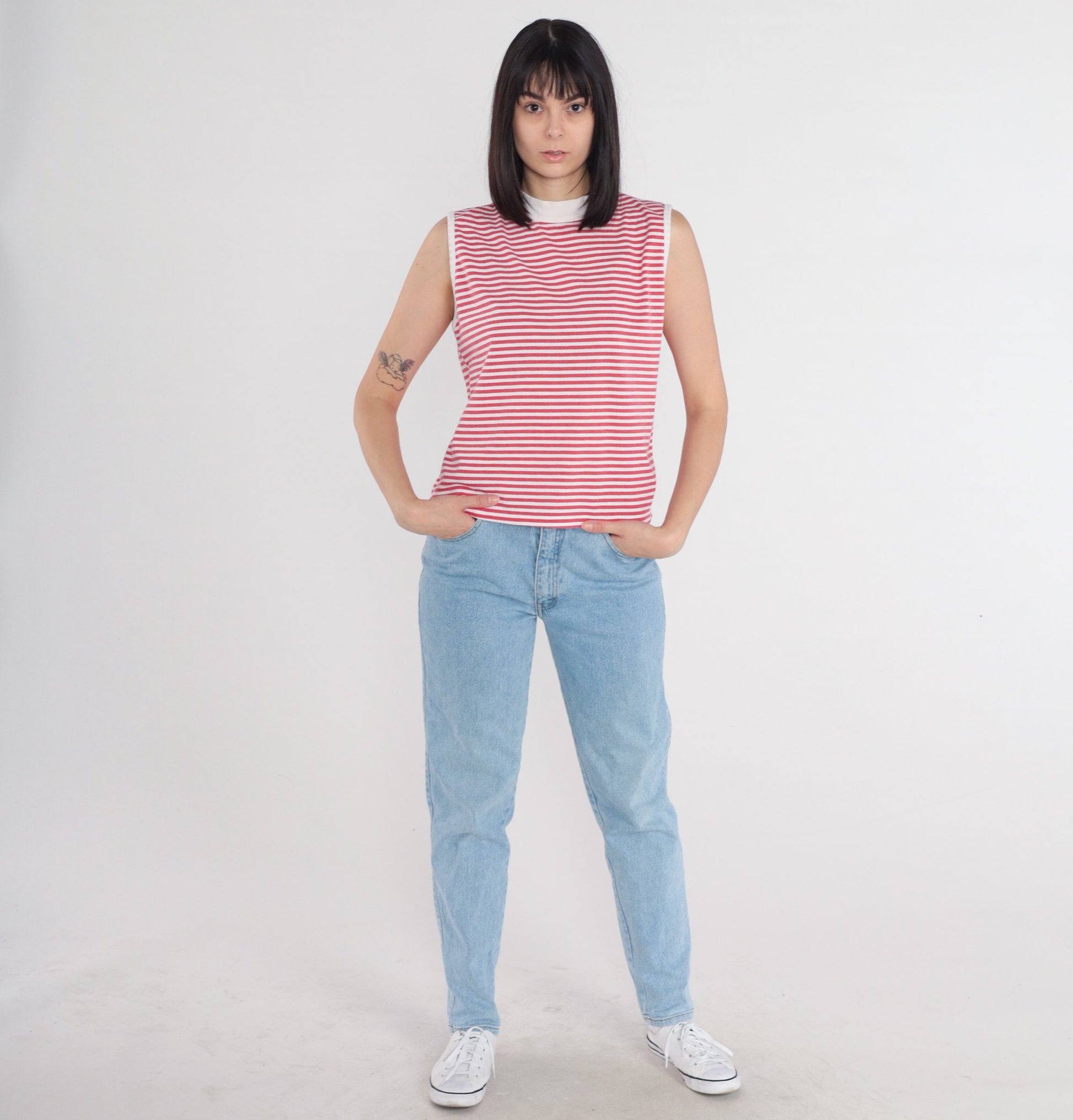 90s La Playa Striped Tank Top Mock Neck Ringer Tee Red White Large