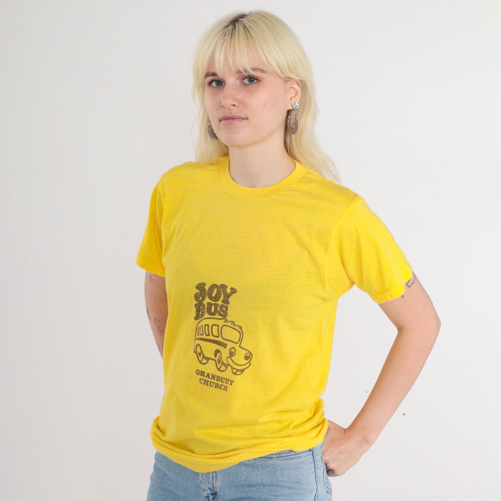 80s Granbury Church Joy Bus Graphic T-Shirt Yellow Christian Tee Medium
