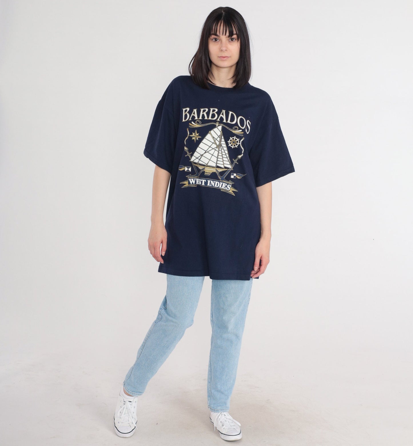 90s Barbados West Indies Sailboat Graphic T-Shirt Navy Cotton XXL