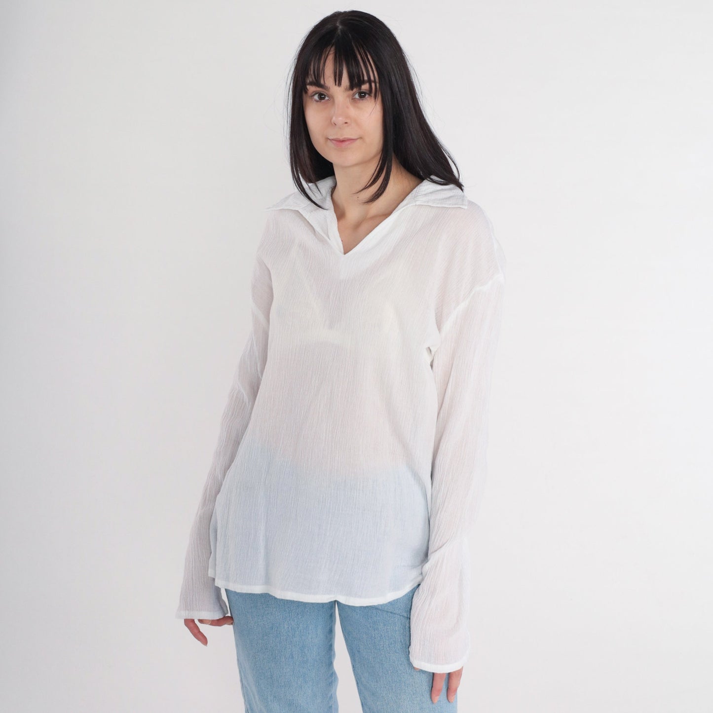Y2K Bird Tree Print Blouse White Cotton Long Sleeve Collared V Neck Large L