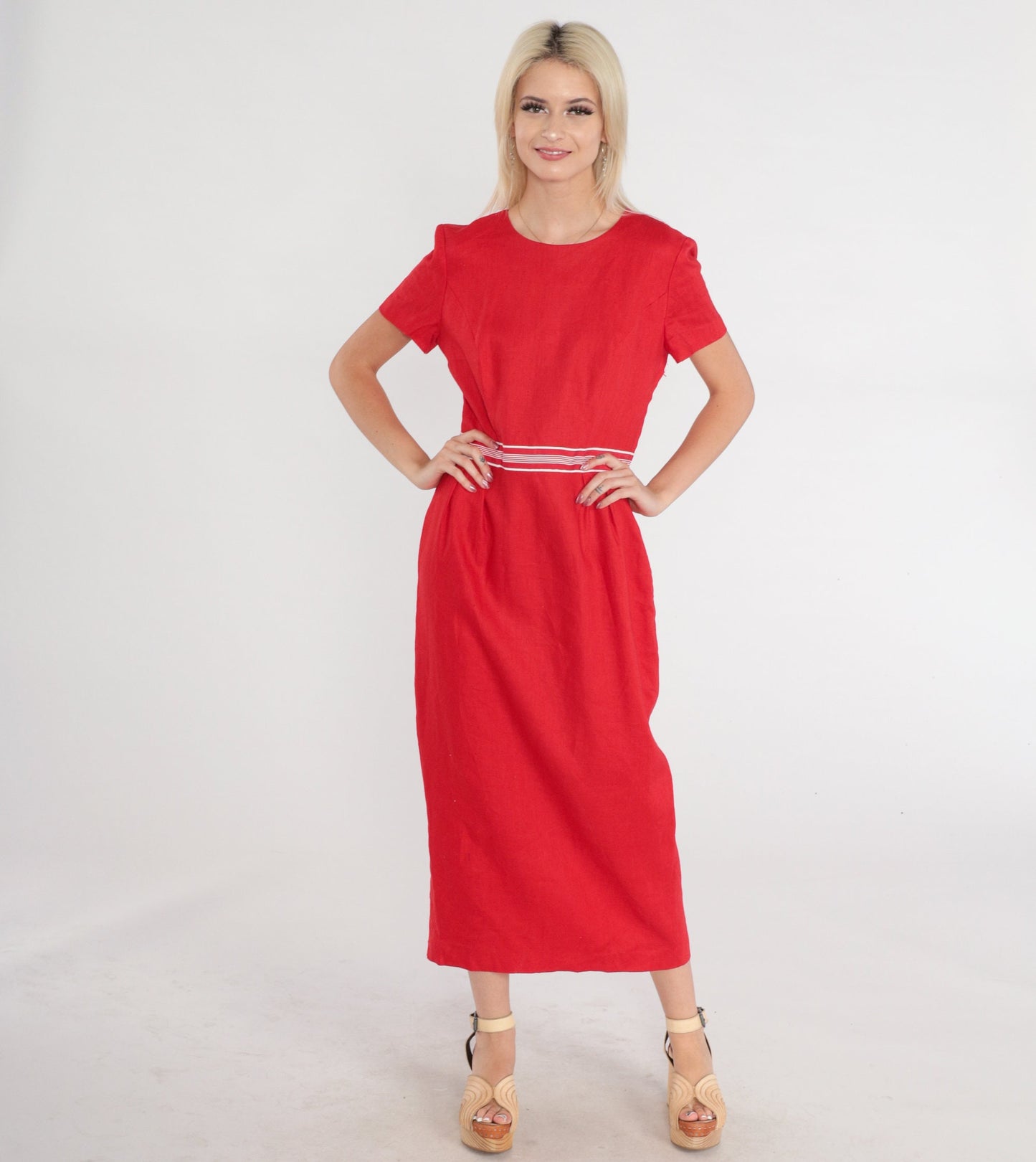 00s Red Linen Midi Dress Keyhole Cutout Bow Short Sleeve Small 6