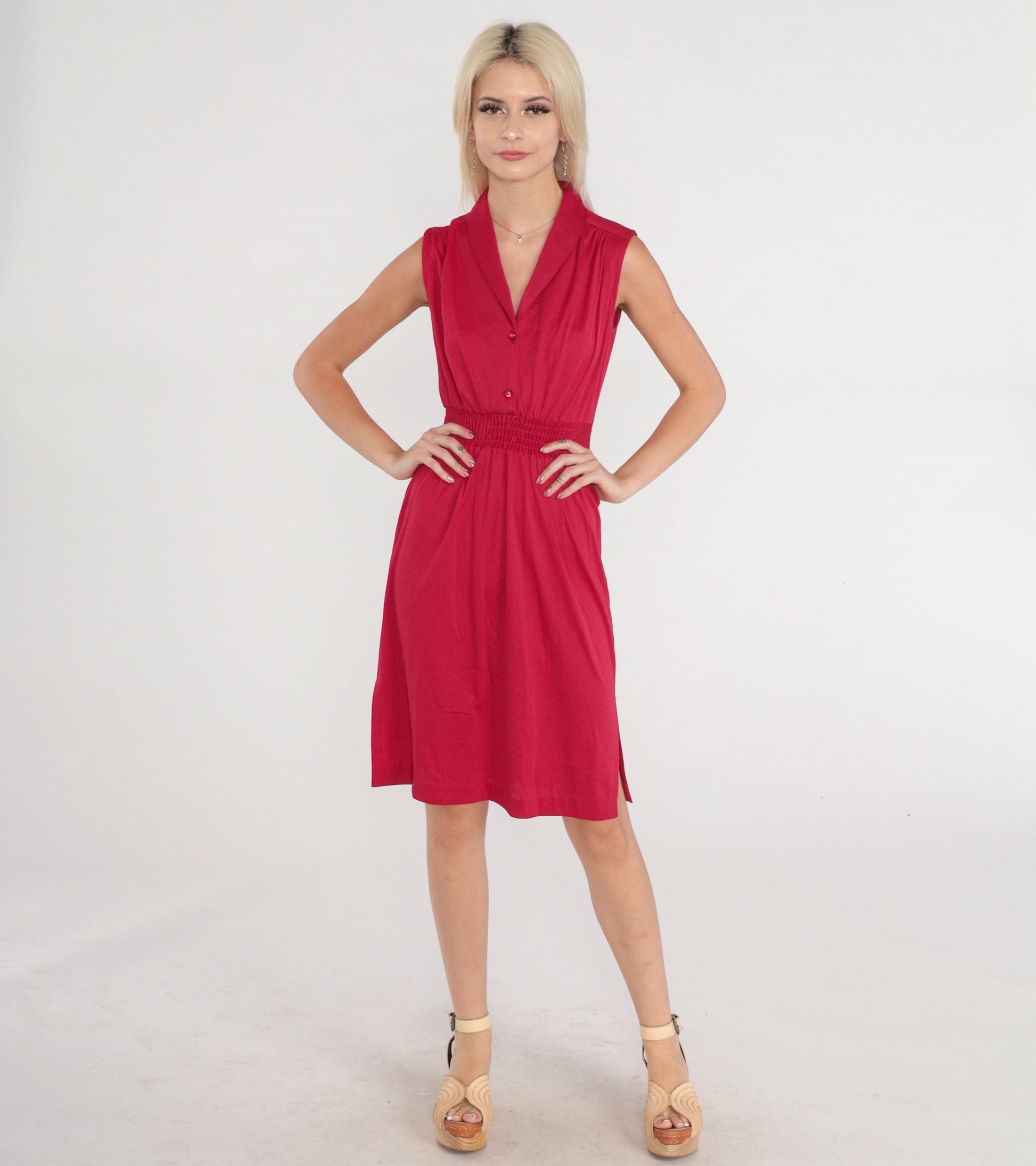 70s Raspberry Red Midi Shirtdress High Waist V Neck Smocked Small