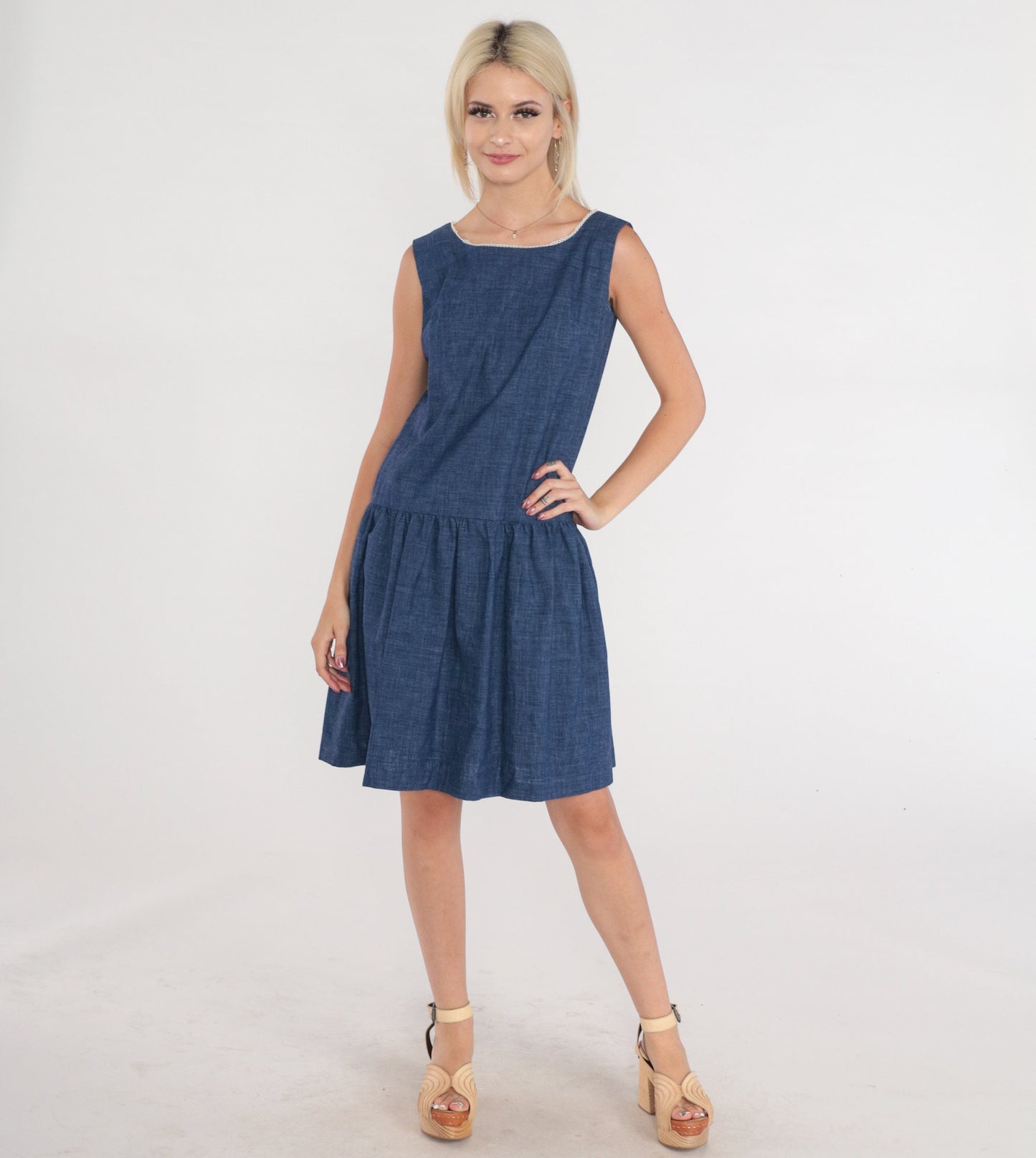 60s Mod Dark Blue Cotton Mini Shift Dress Drop Waist Sleeveless Extra Small