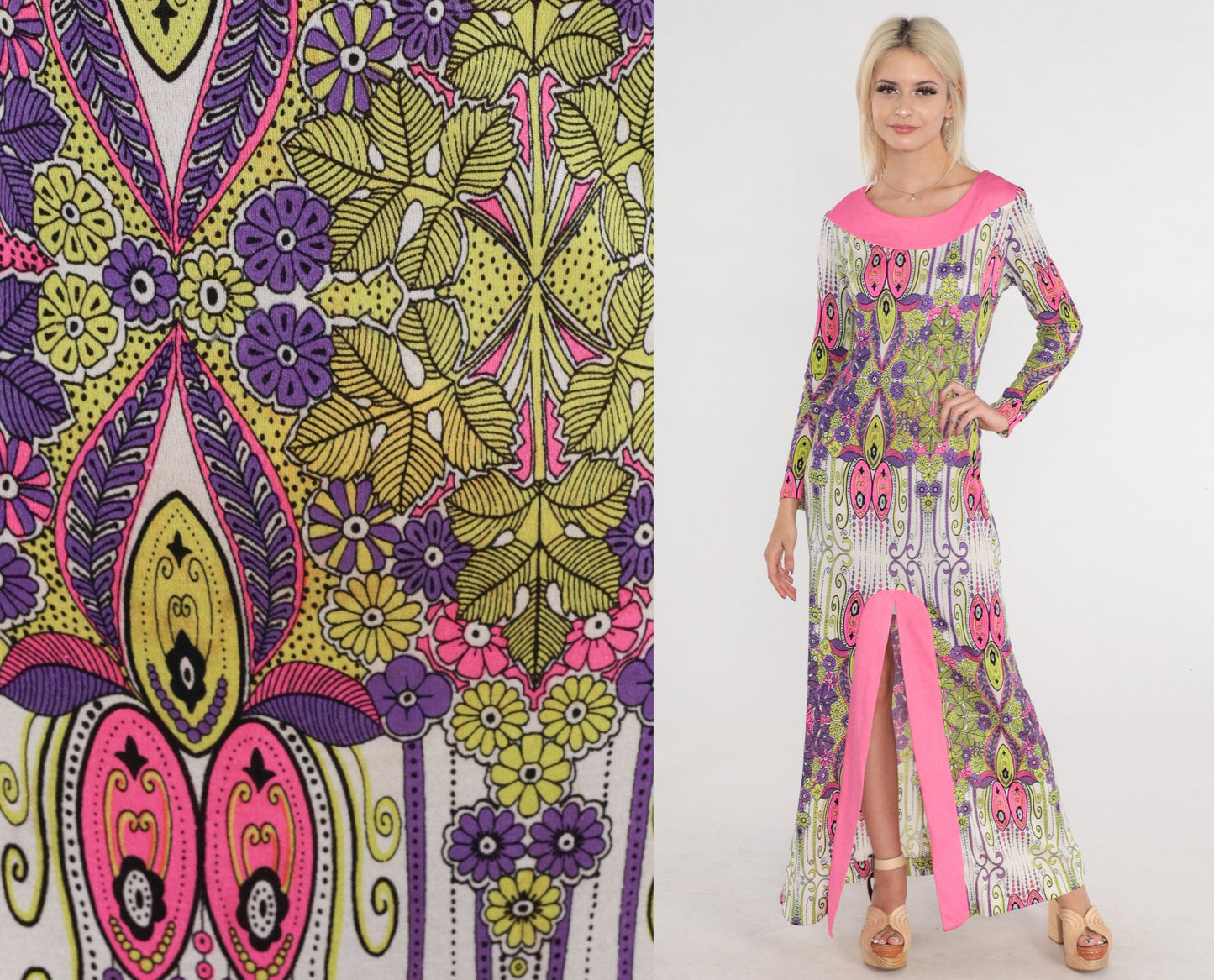 1970s Psychedelic Floral Maxi Dress Long Sleeve Hot Pink Lime Green Small