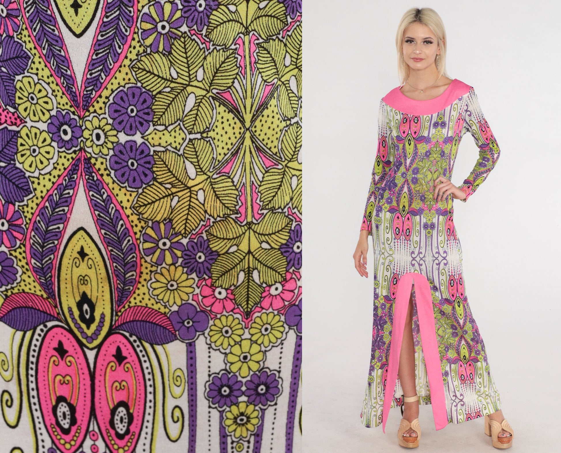 1970s Psychedelic Floral Maxi Dress Long Sleeve Hot Pink Lime Green Small