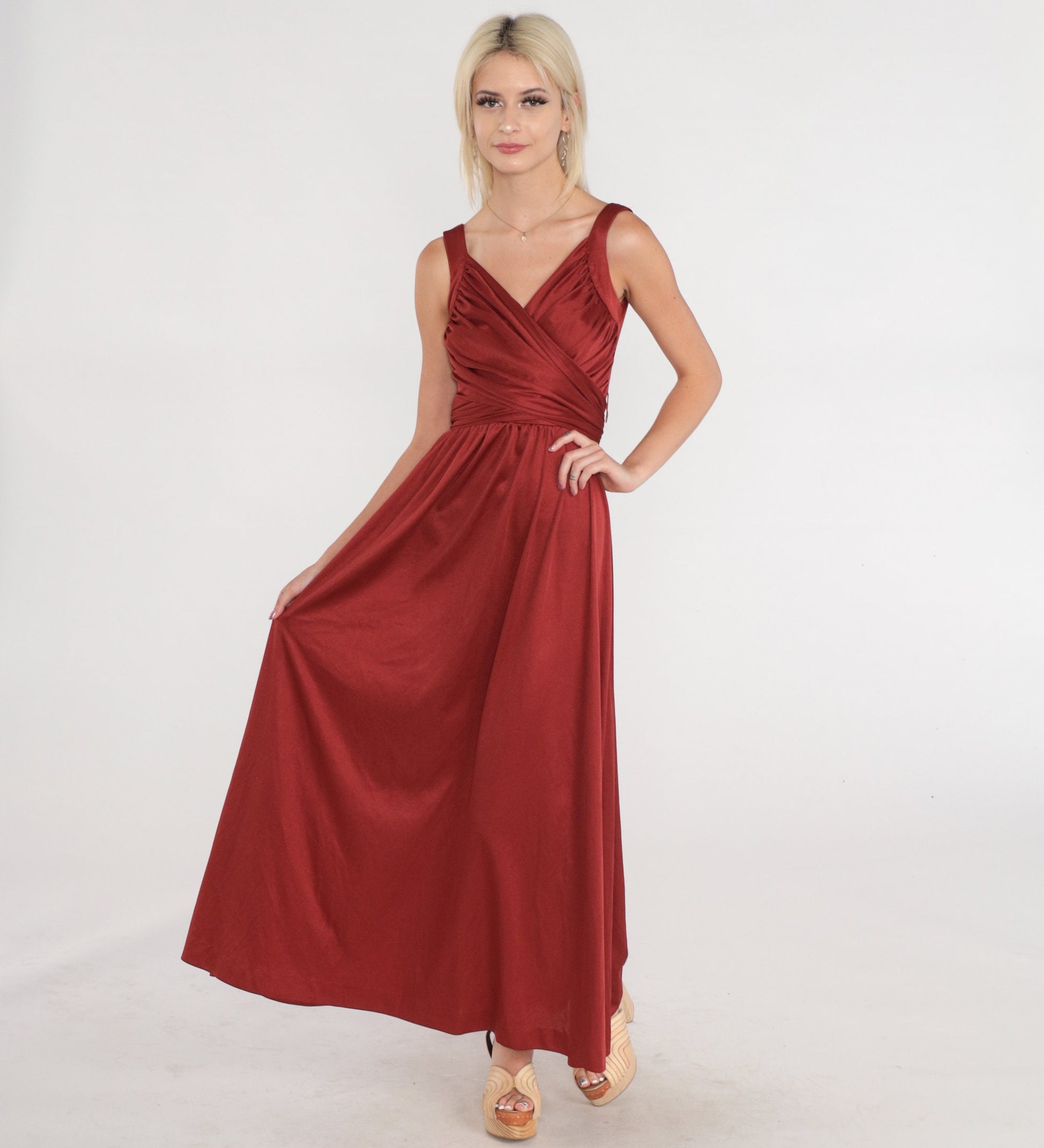 70s Rust Red Maxi Dress Deep V Wrap Bodice High Waisted Small
