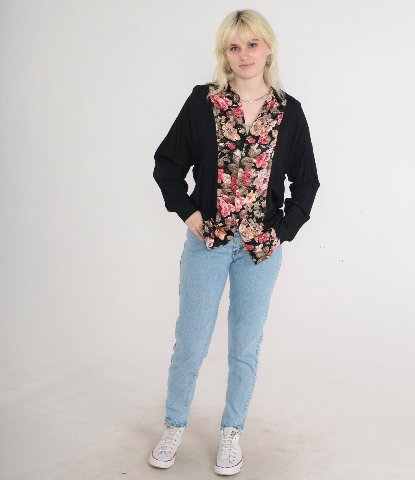 90s Black Rose Floral Button-Up Blouse Long Sleeve Medium