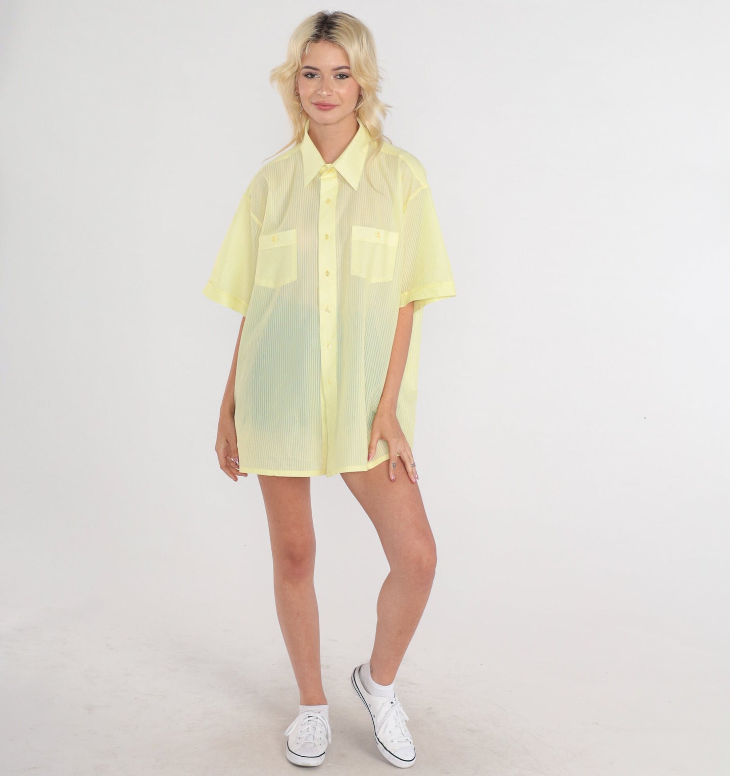 70s Yellow Striped Button-Up Shirt Semi-Sheer Short Sleeve Mens XXL