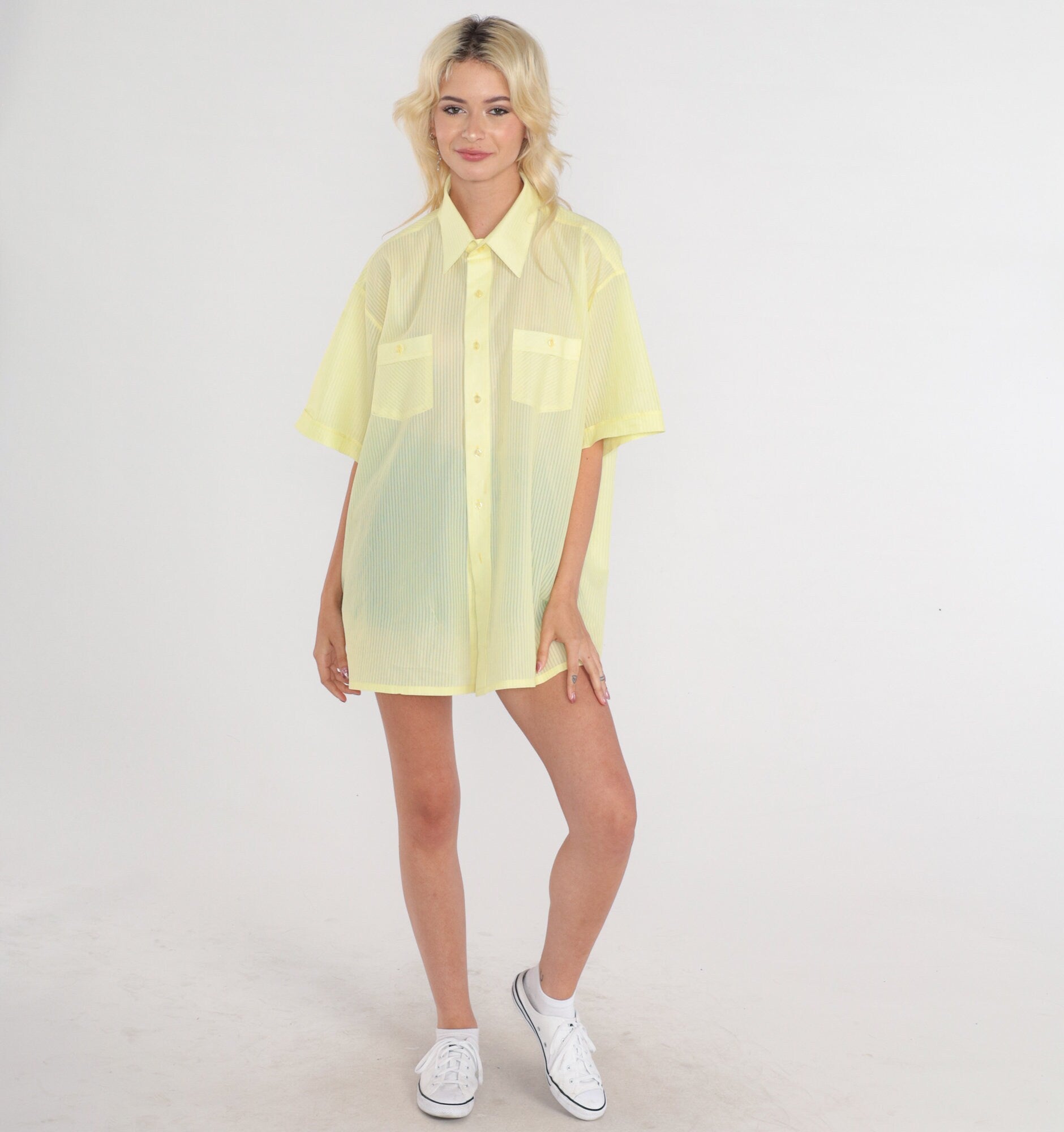 70s Yellow Striped Button-Up Shirt Semi-Sheer Short Sleeve Mens XXL