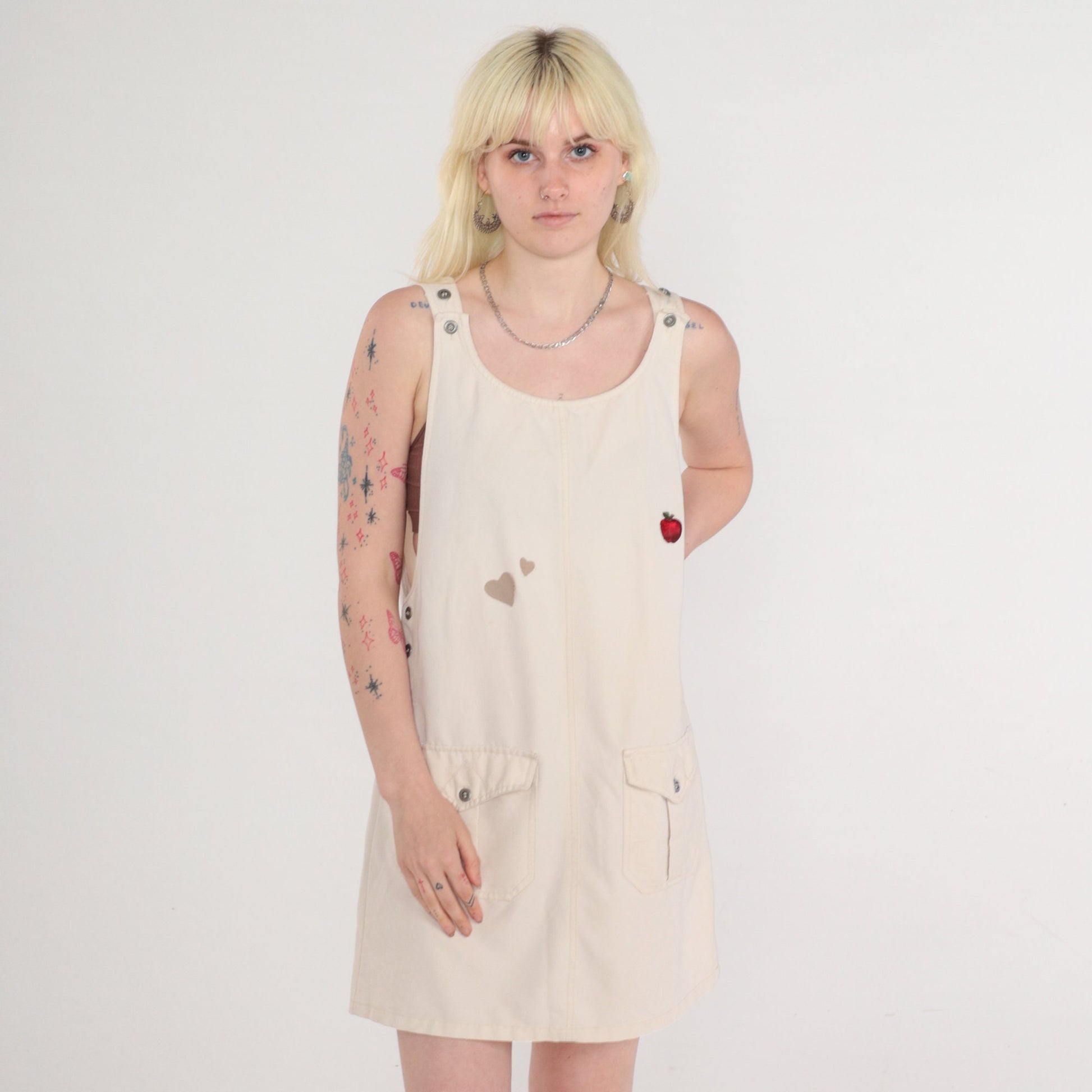 90s Beige Jumper Dress Heart Apple Print Sleeveless Mini Medium