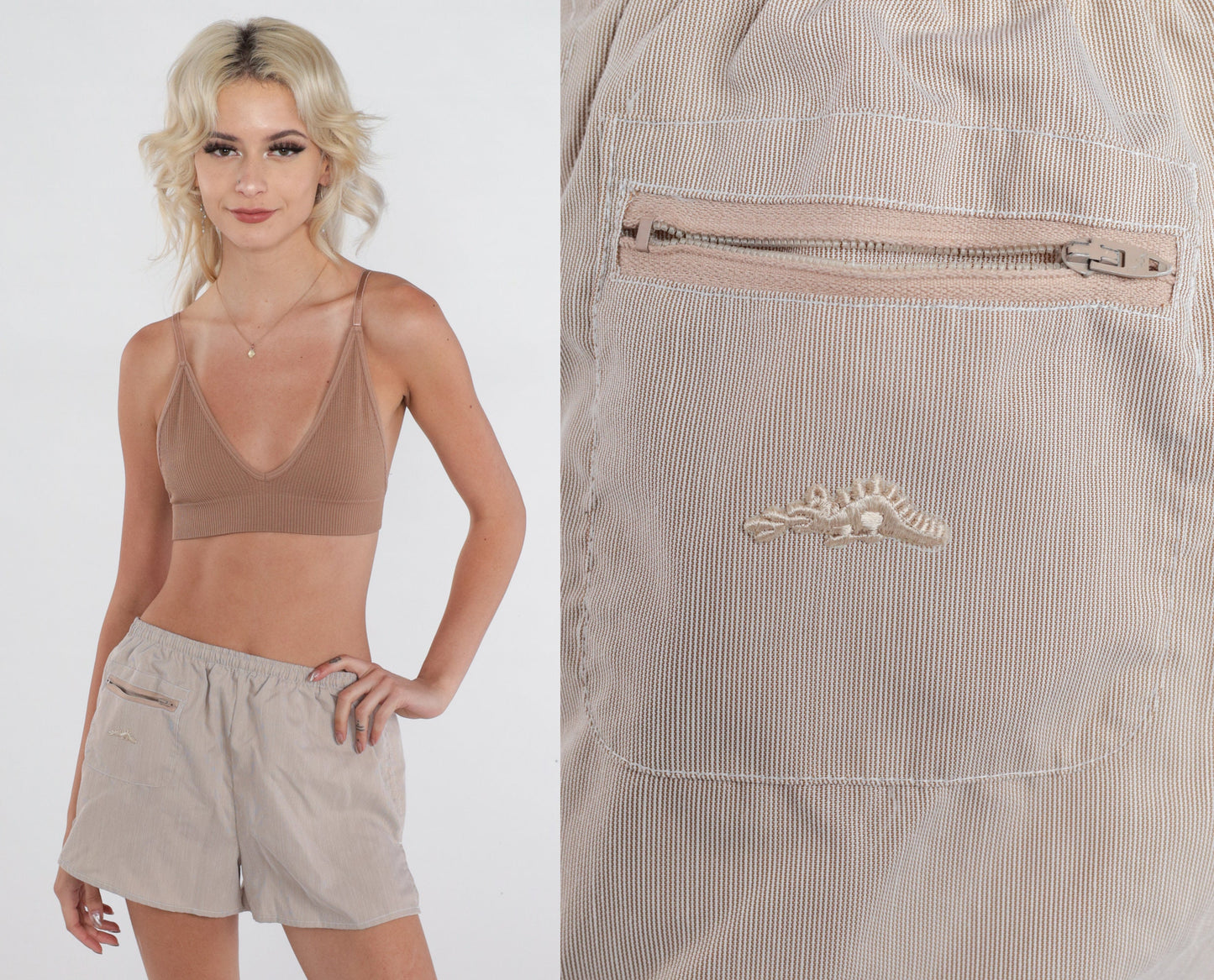 90s Pinstriped Tan Swim Shorts Elastic Waist Board Shorts Small Medium