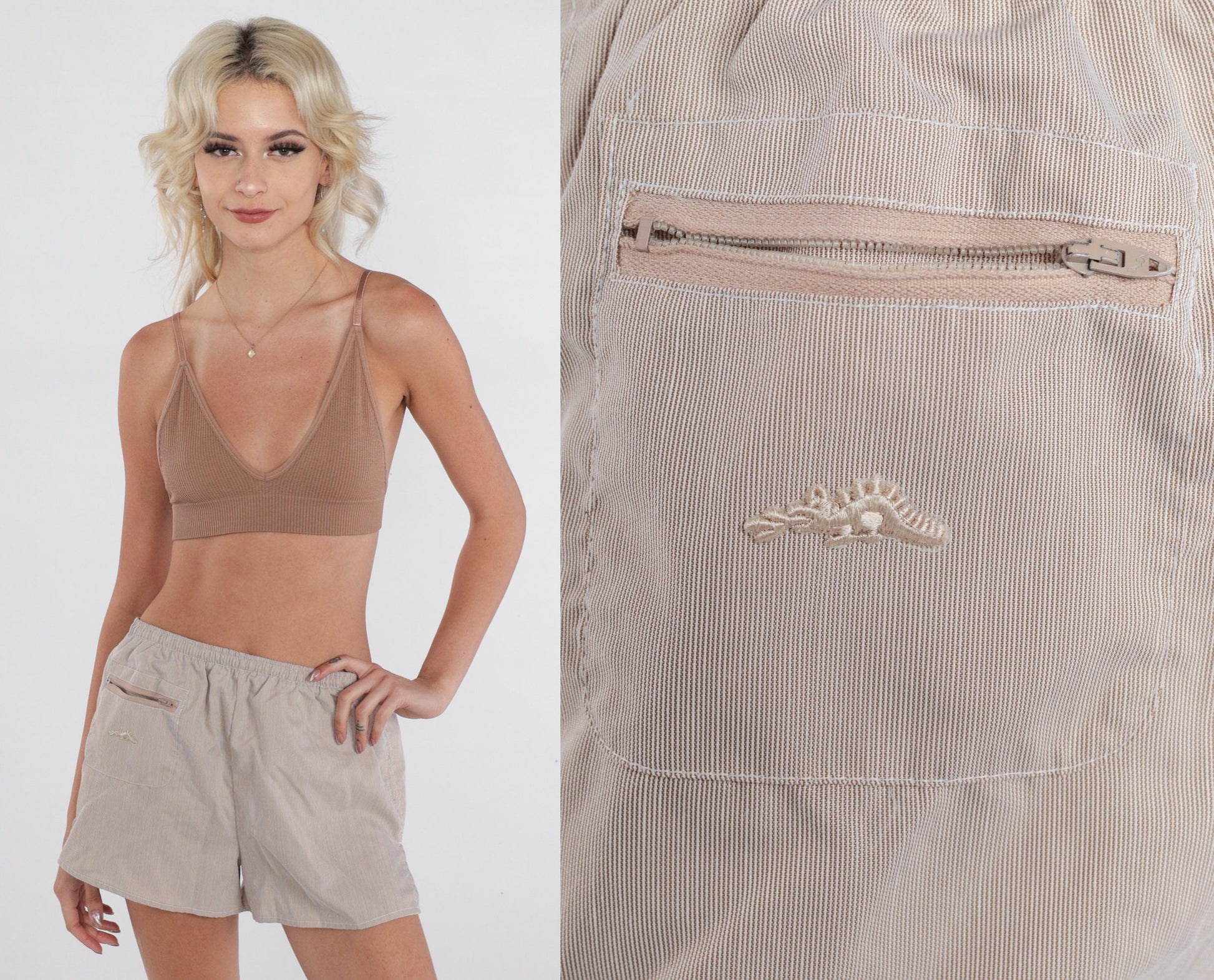 90s Pinstriped Tan Swim Shorts Elastic Waist Board Shorts Small Medium