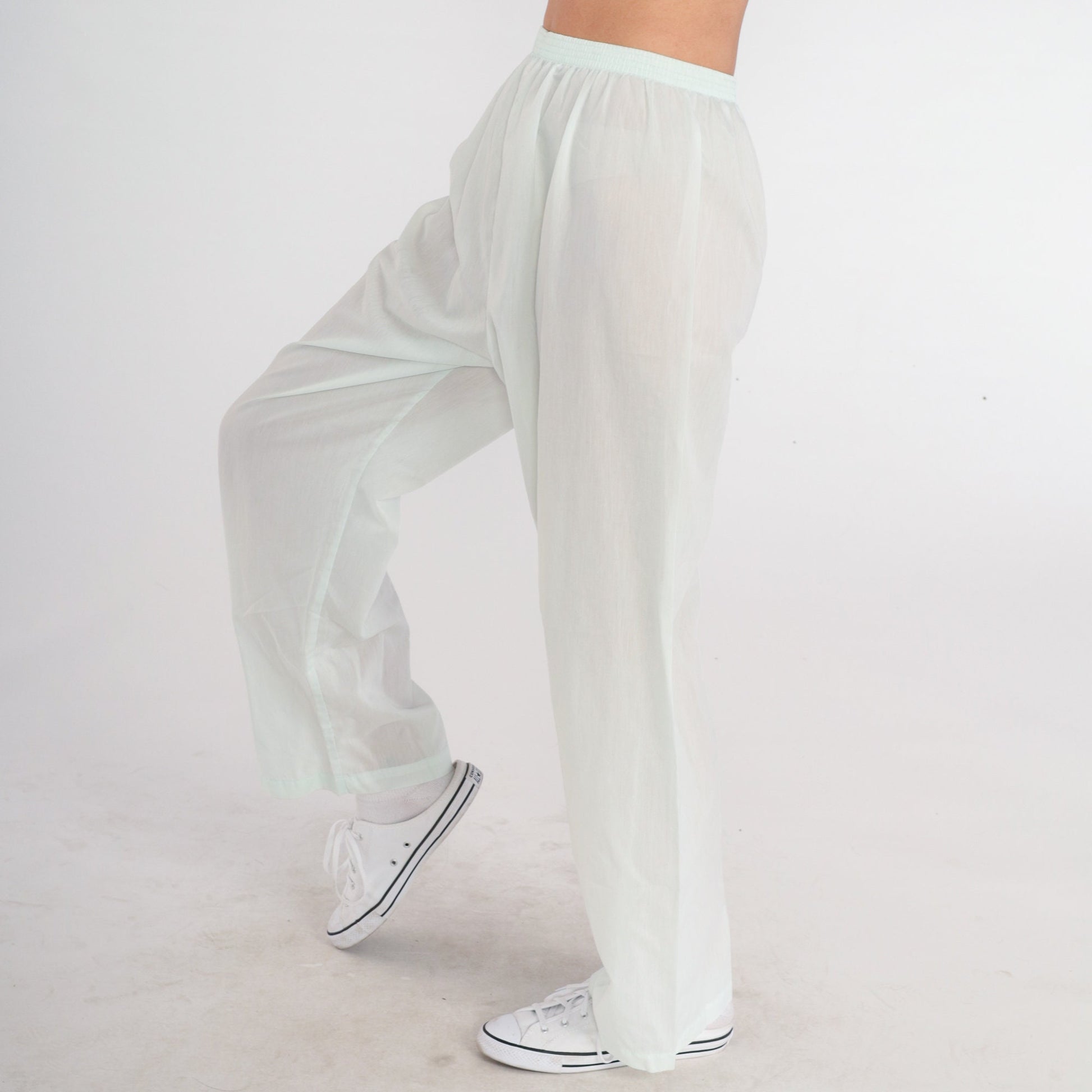 80s Mint Tapered High-Waist Pants Cotton Blend Semi-Sheer Small Medium