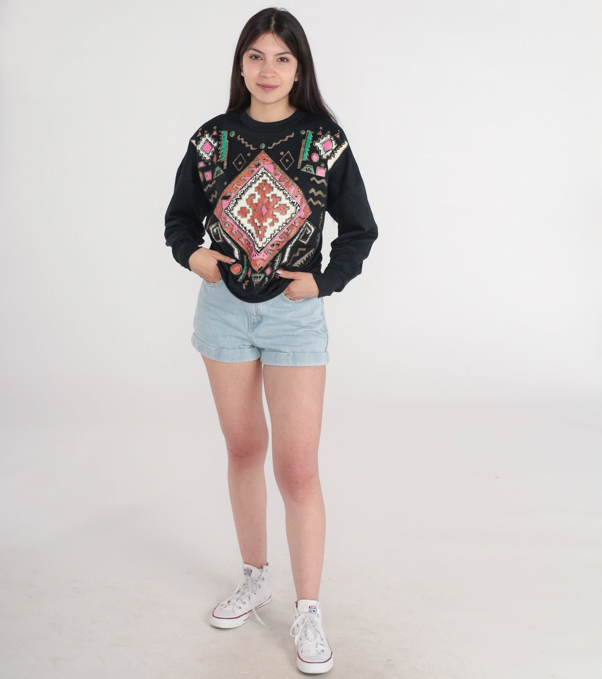 90s Southwestern Geometric Glitter Sweatshirt Black Gold Crewneck Small Medium