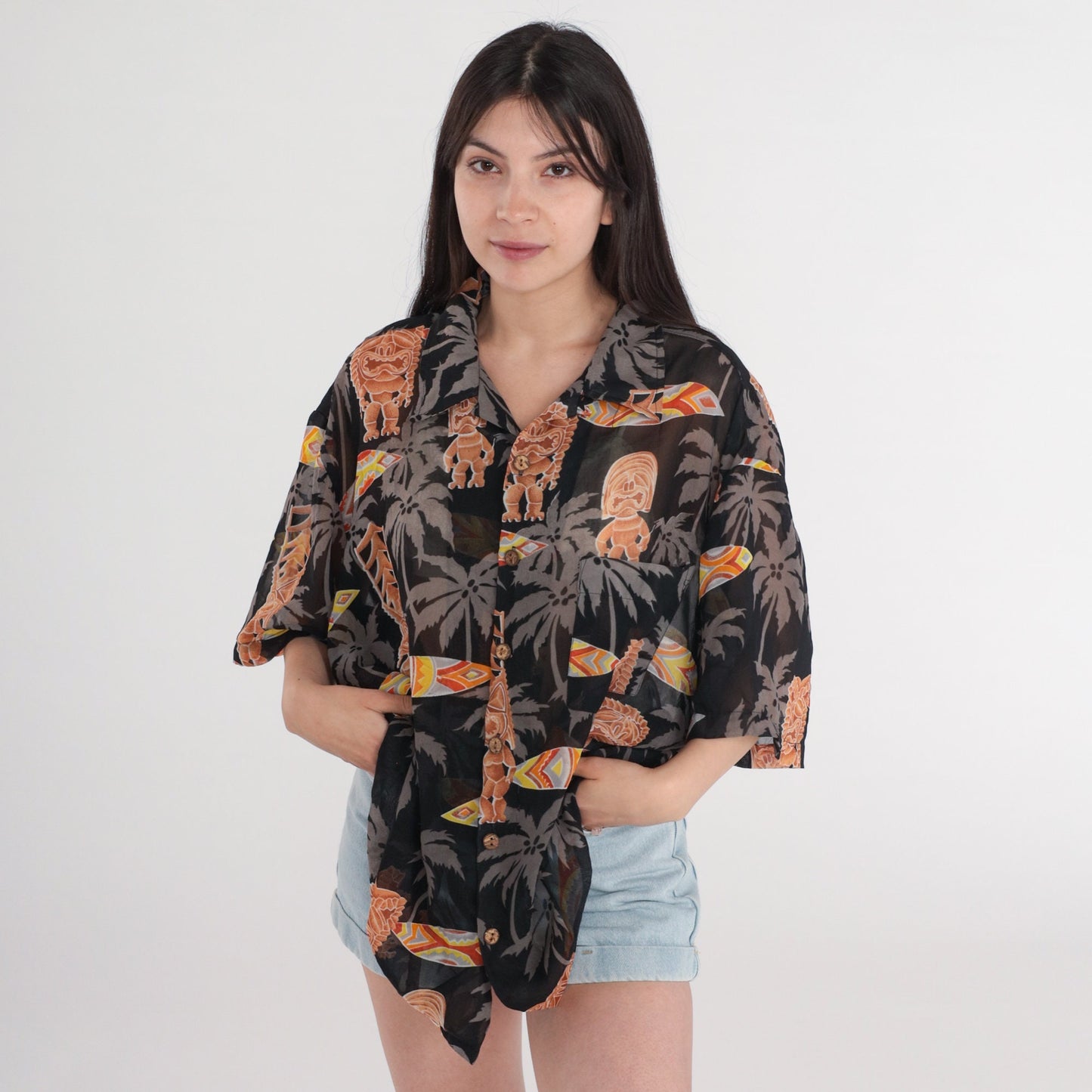 Y2K Hawaiian Tiki Surfboard Button-Up Shirt Black Extra Large XXL